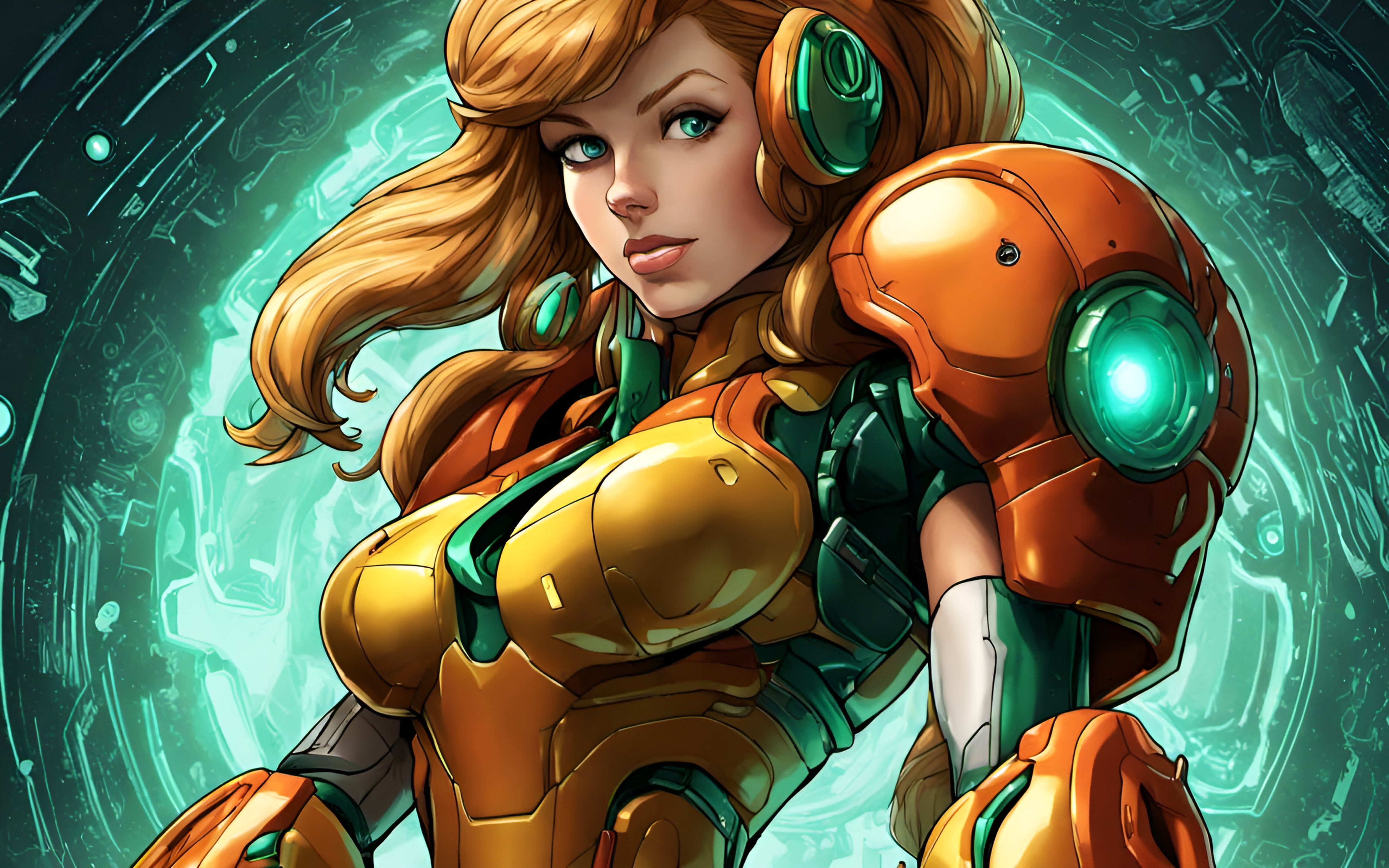 Samus Aran, portant son emblématique combinaison orange et rouge, issue de la série de jeux vidéo Metroid.