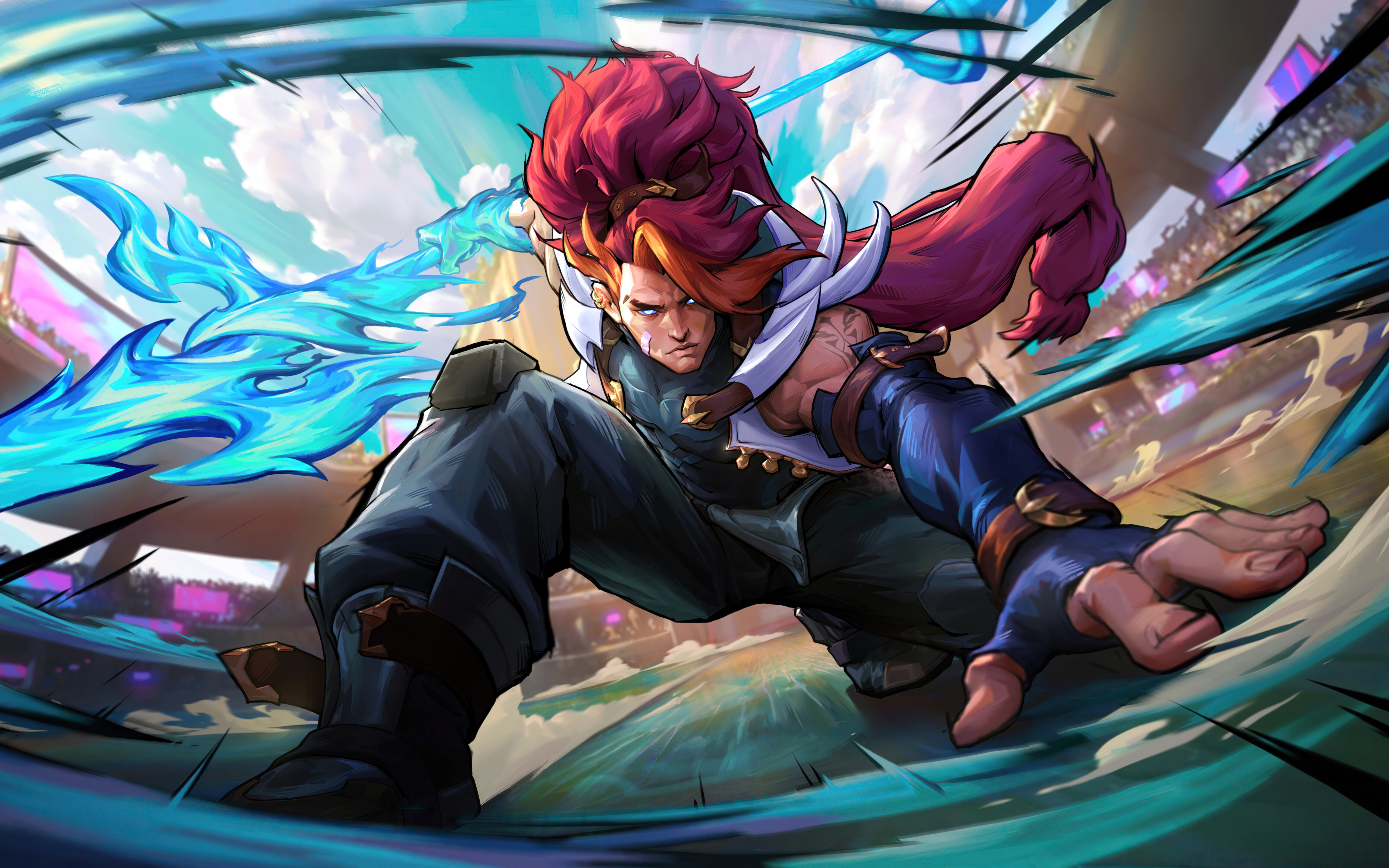 Xin Zhao, personnage du jeu League of Legends, brandissant sa lance dans une posture de combat impressionnante.