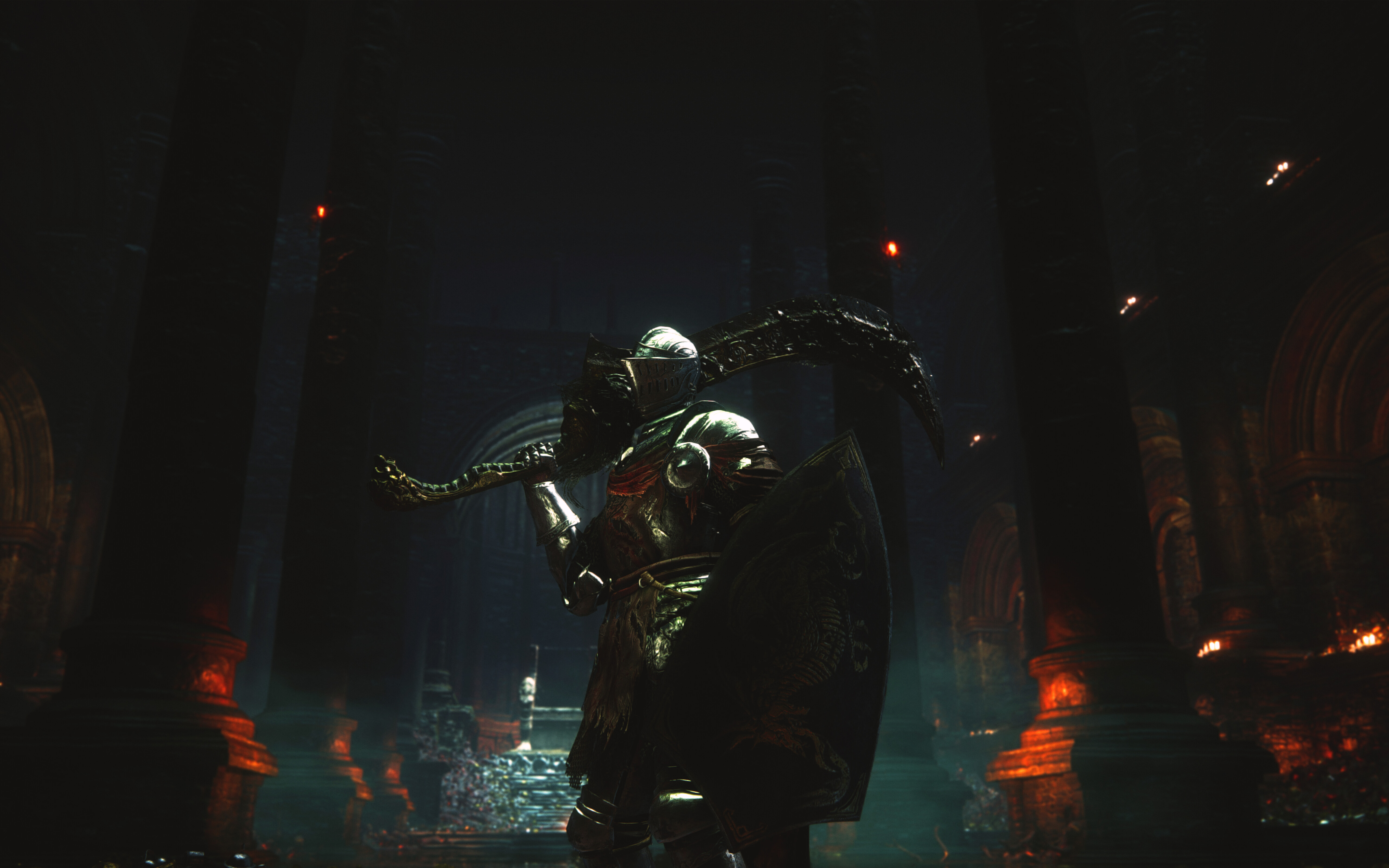 Un chevalier de Lothric, portant une armure lourde et usée par les combats, tirée du jeu vidéo Dark Souls III : The Ringed City.