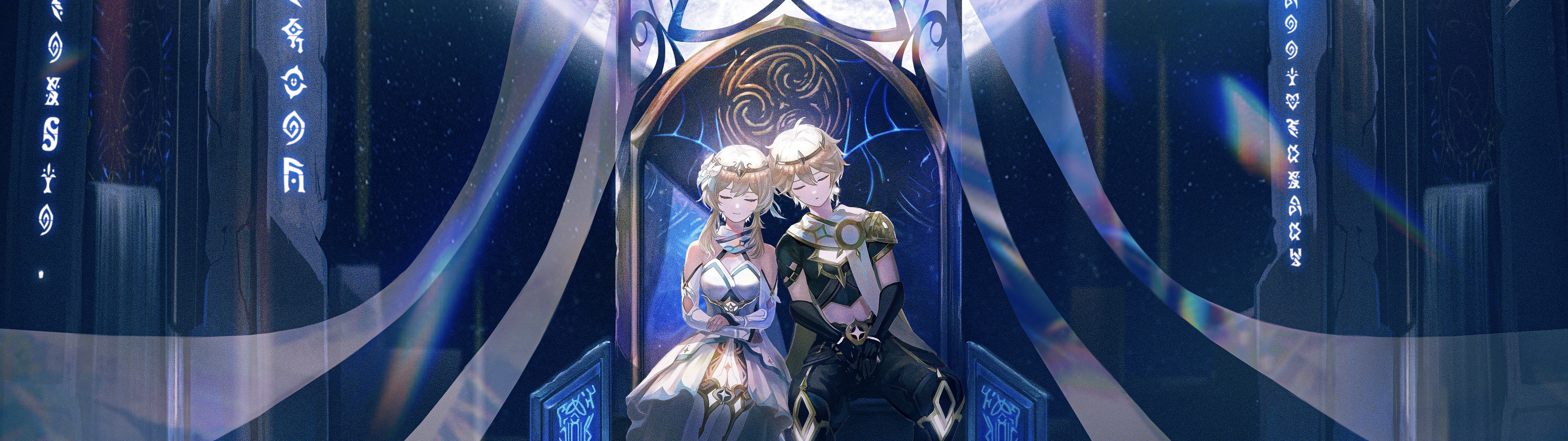 Aether et Lumine, personnages du jeu Genshin Impact, côte à côte.
