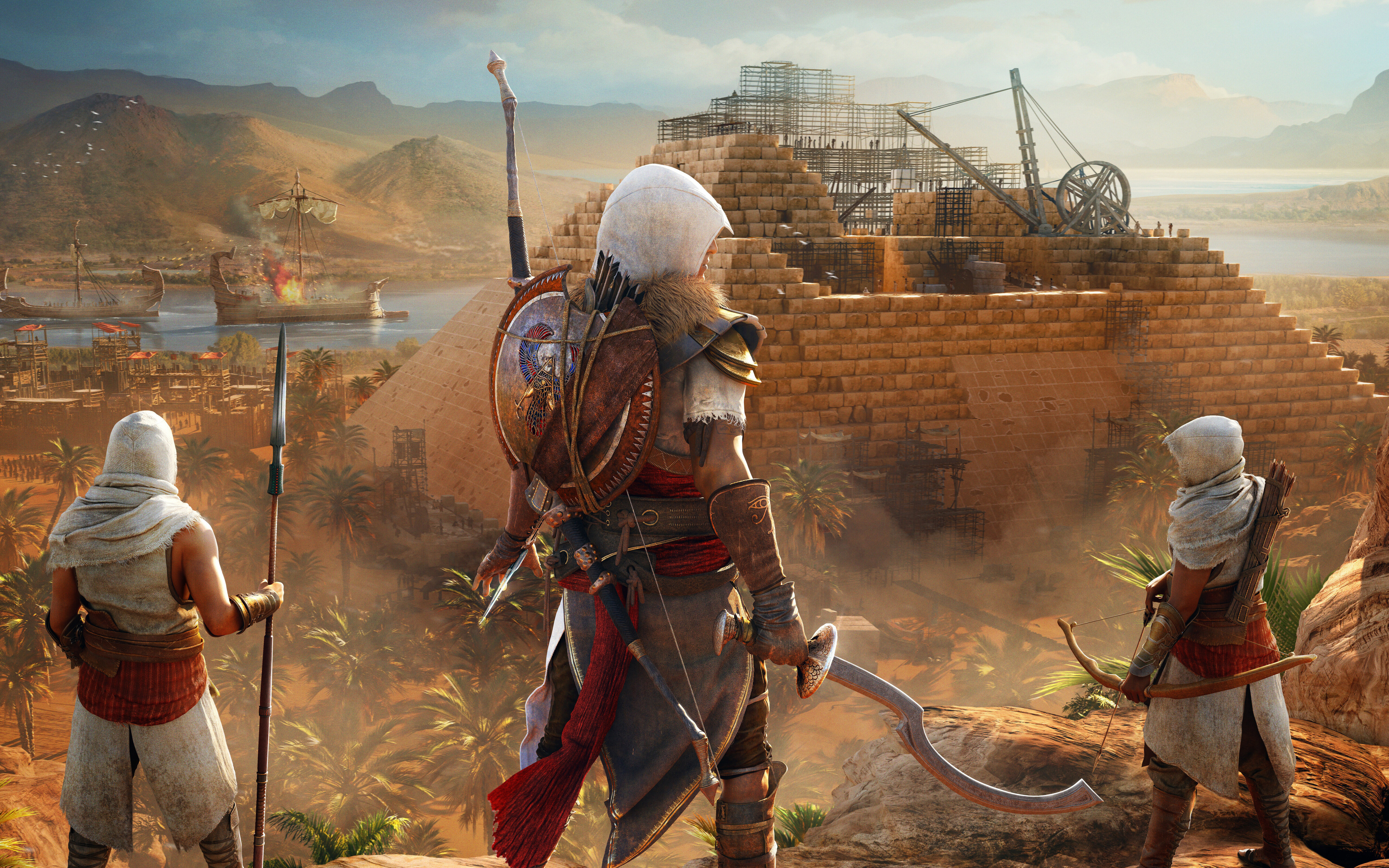 Bayek de Siwa, personnage du jeu Assassin's Creed Origins, posant dans un paysage de l’Égypte antique.