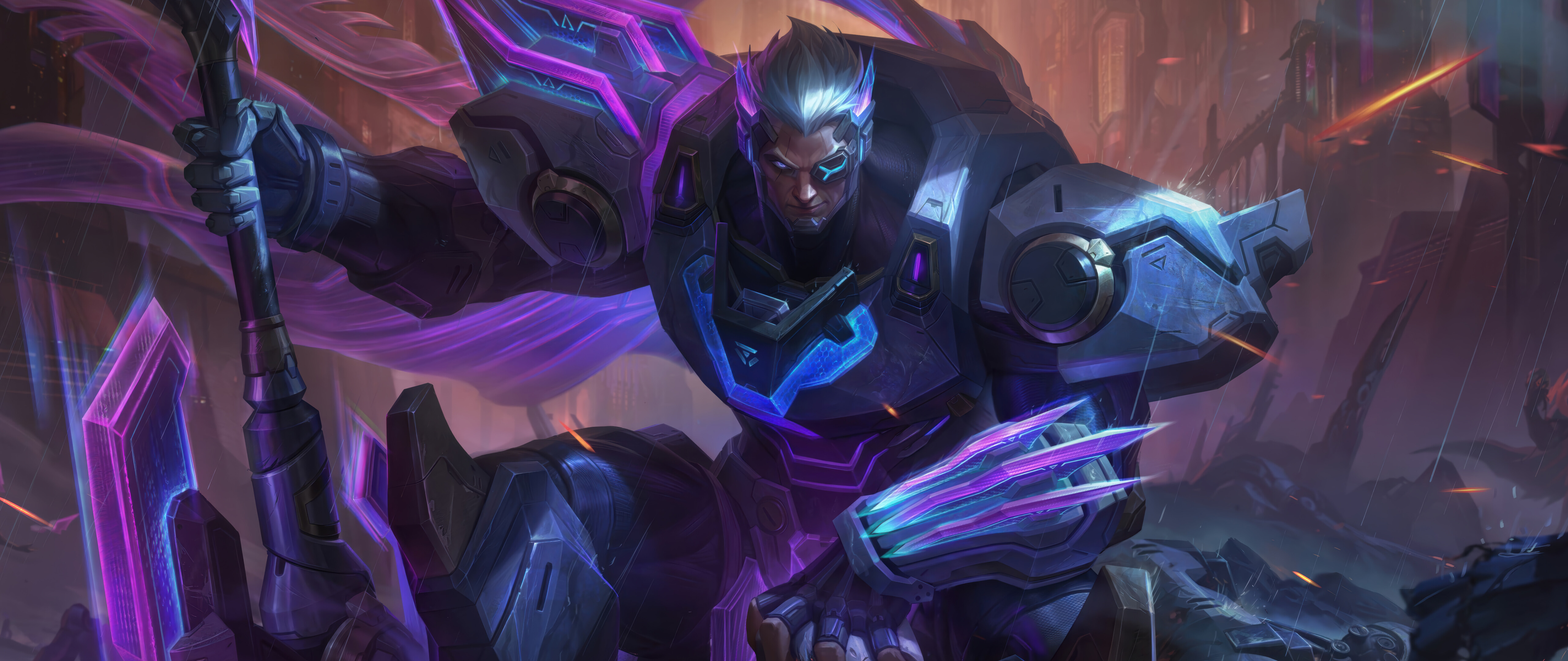 Une représentation détaillée de Darius, personnage du jeu League of Legends, vêtu d’une lourde armure noxienne et baigné dans une atmosphère menaçante.