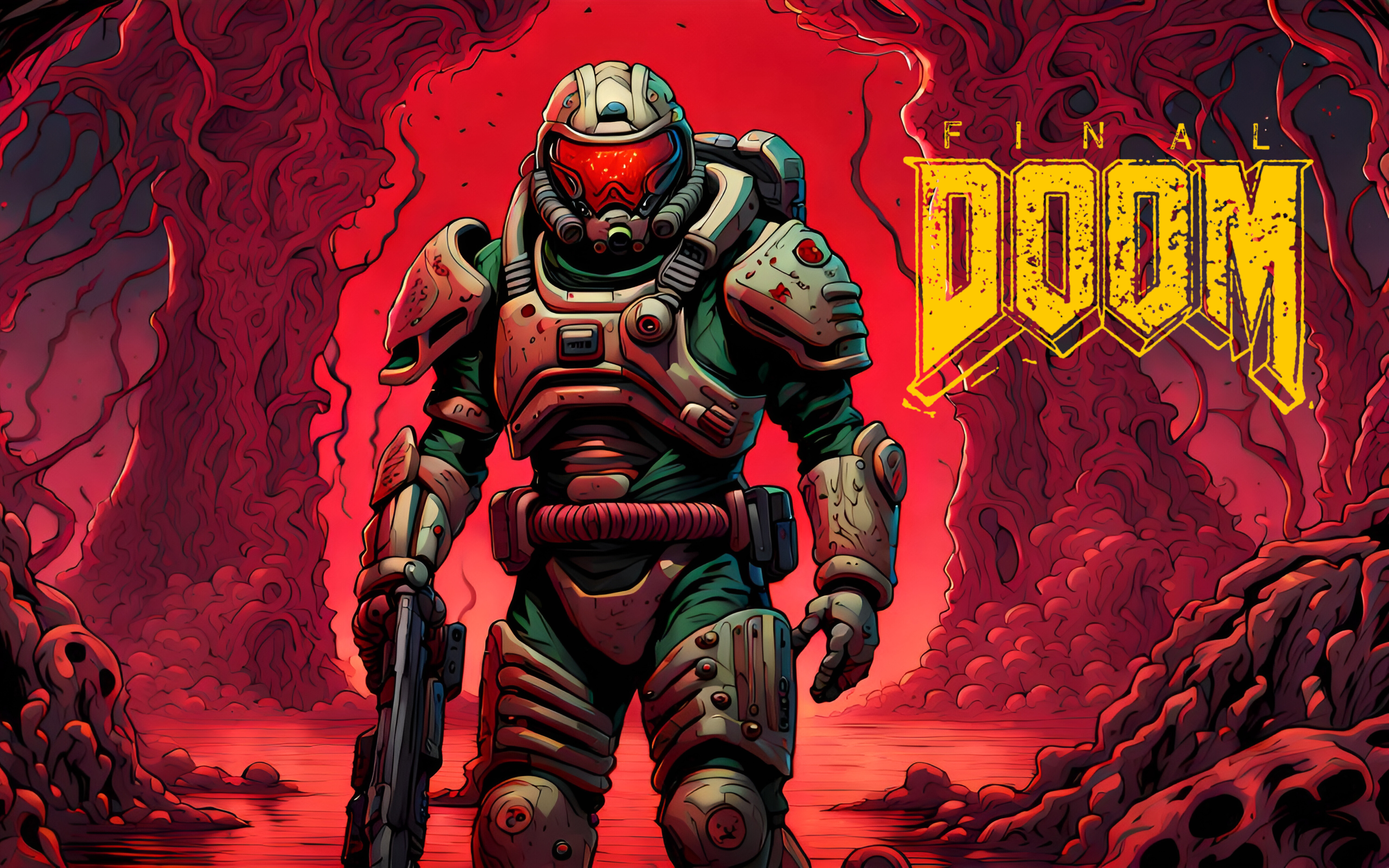 Doomguy, personnage du jeu vidéo Doom, se tient au milieu d’un paysage sombre et infernal.