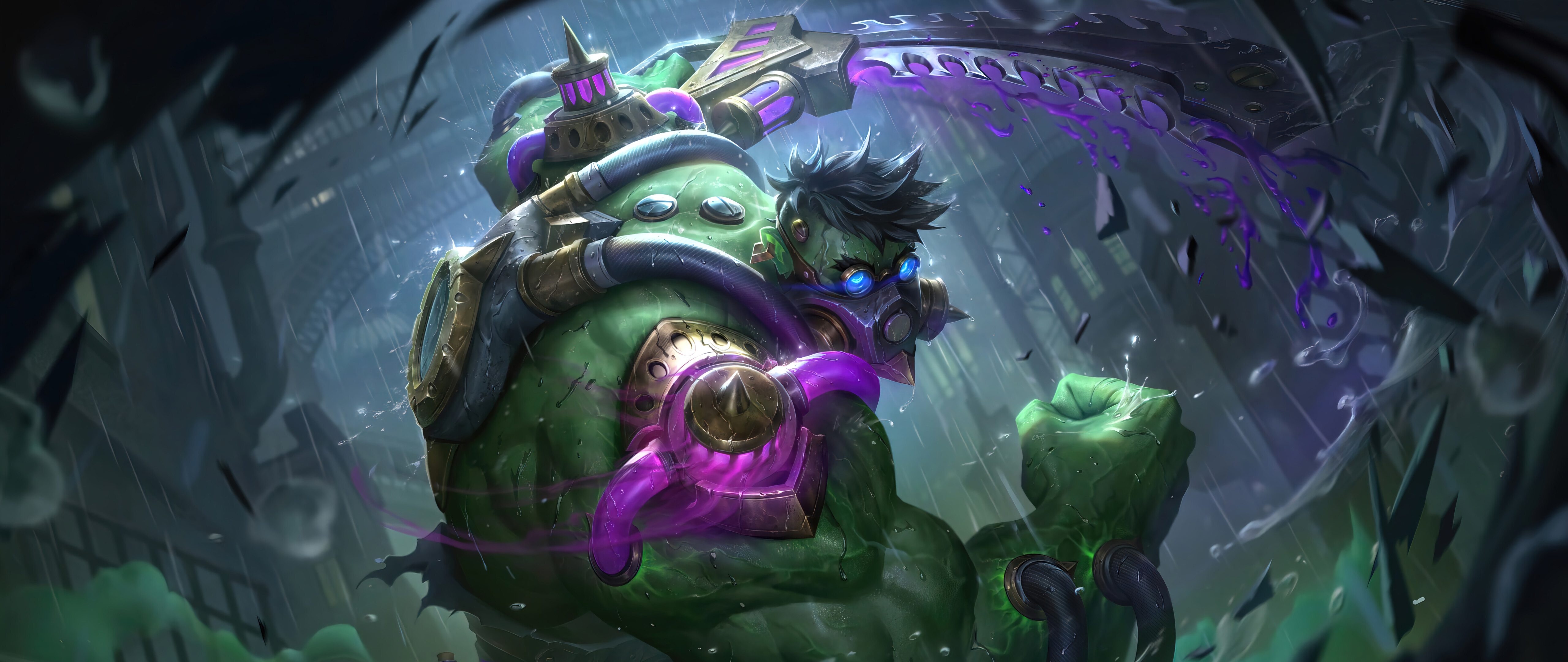 Le Dr. Mundo, personnage du jeu League of Legends, est entouré de vapeurs chimiques vertes et toxiques.