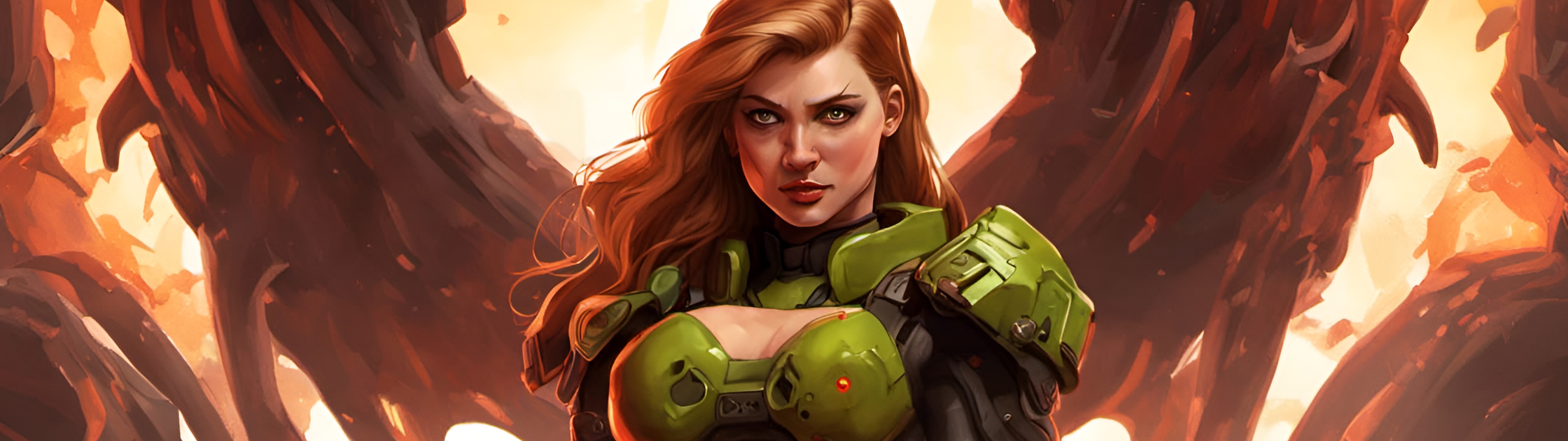 Une guerrière, vêtue d’une armure de combat lourde et maniant une arme à feu de grande taille, affronte un démon. Le personnage est inspiré de la série de jeux vidéo DOOM.