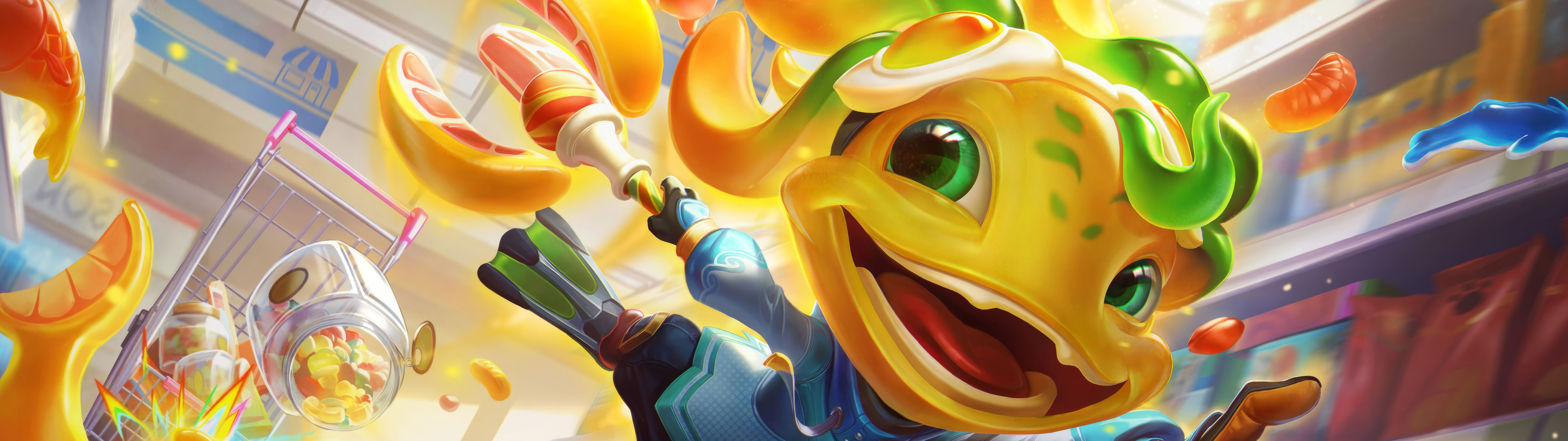 Le champion aquatique Fizz, issu des jeux League of Legends et Wild Rift, évolue dans un décor sous-marin coloré.