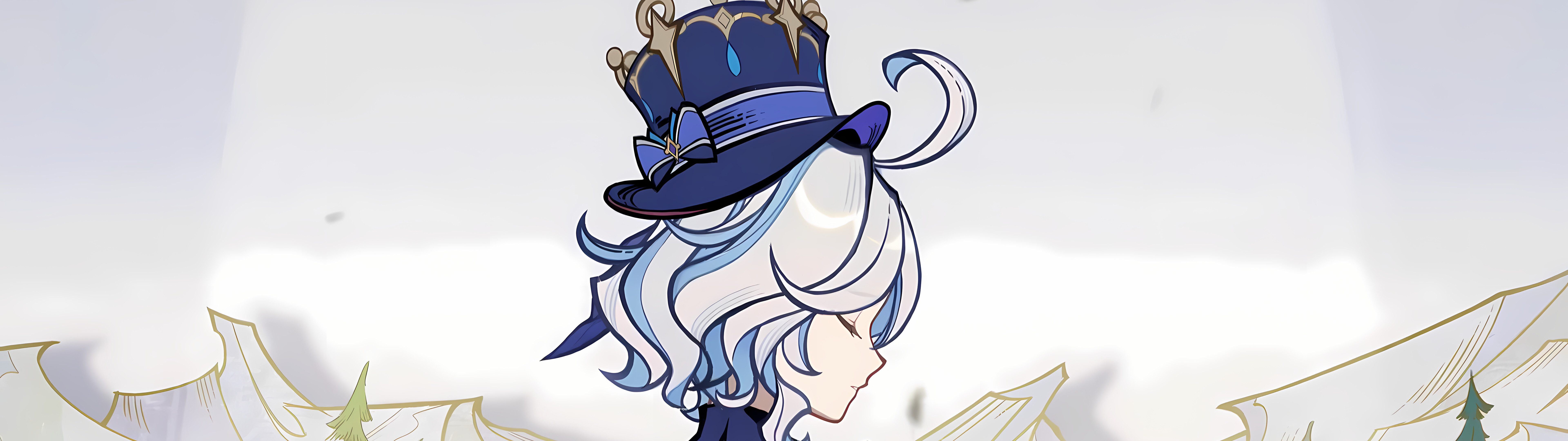 Une magnifique représentation de Furina, issue du jeu Genshin Impact, mettant en valeur son costume bleu complexe et son allure théâtrale.