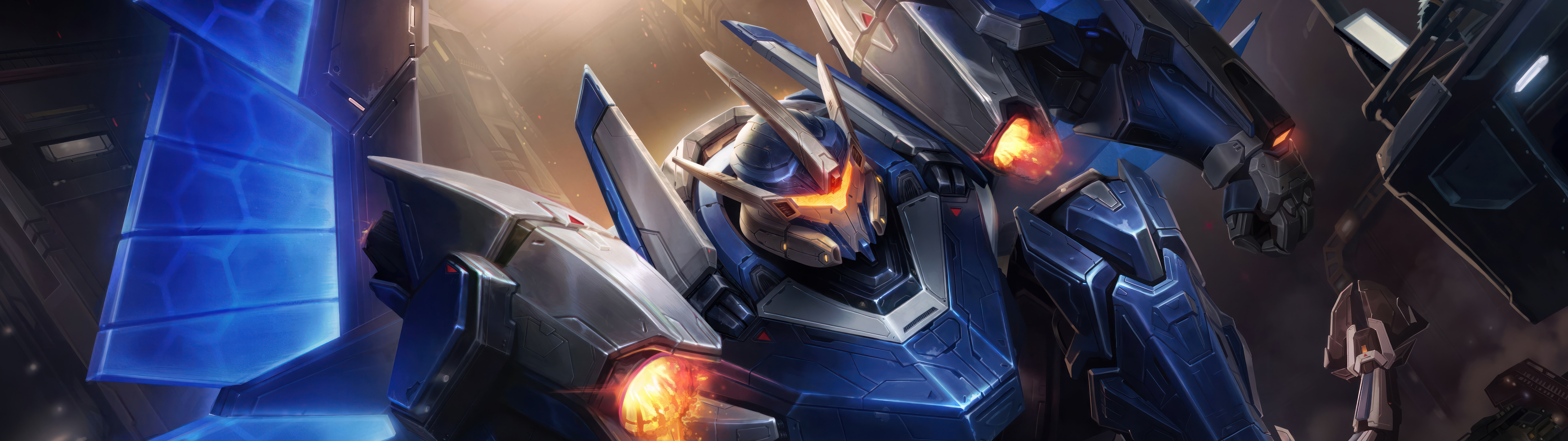 Un robot géant de style « mecha », inspiré de Galio, le personnage du jeu League of Legends, doté d’un épais revêtement métallique et de composants énergétiques lumineux.