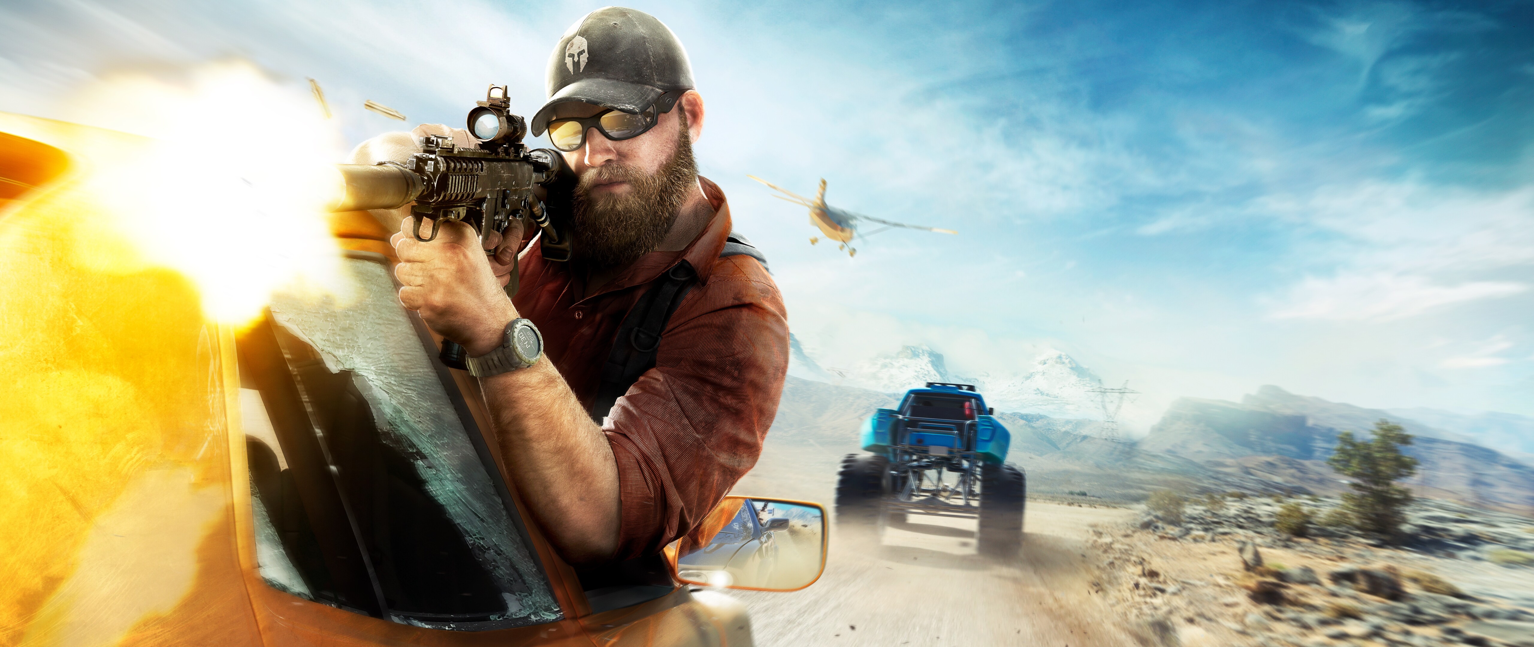 Un agent hautement entraîné de l’unité Ghost, issu du jeu Tom Clancy’s Ghost Recon Wildlands, portant un équipement tactique militaire complet et tenant un fusil d’assaut.