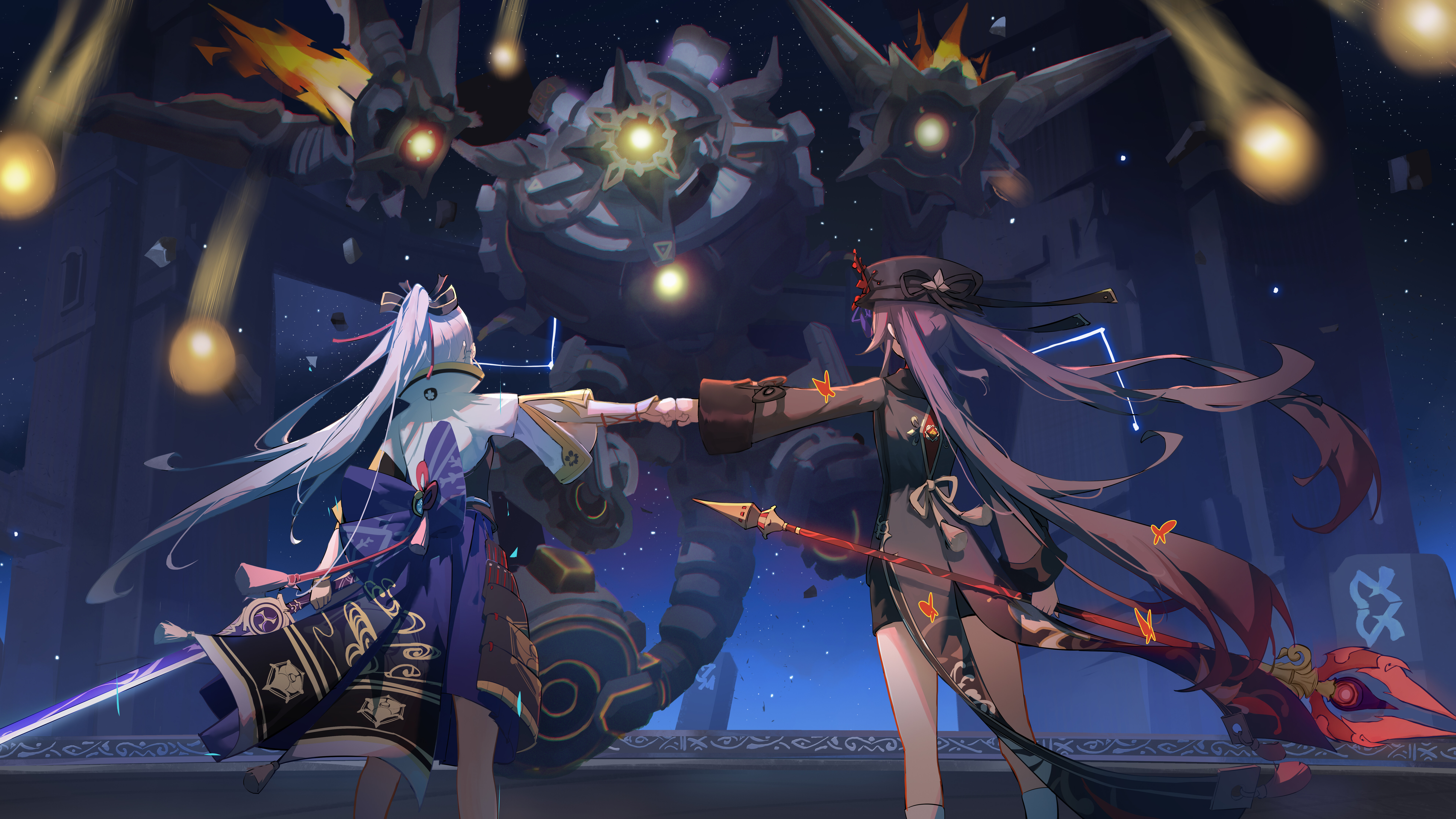 Une représentation artistique de Kamisato Ayaka et de Hu Tao, personnages du jeu Genshin Impact.