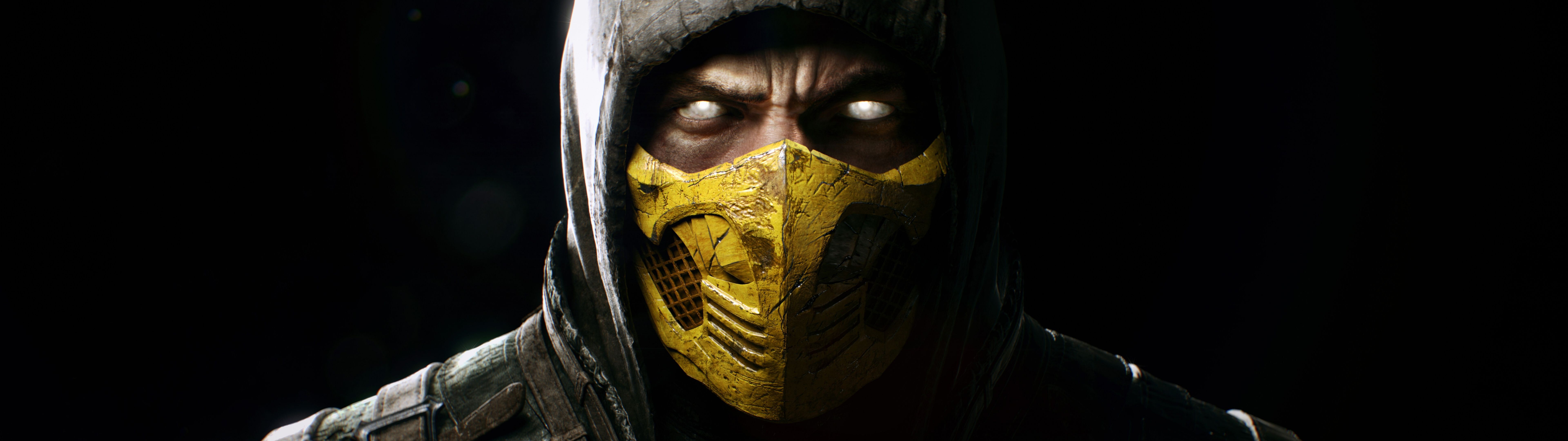 Scorpion, personnage du jeu Mortal Kombat, portant son armure et son masque de ninja jaune, qui sont devenus emblématiques.