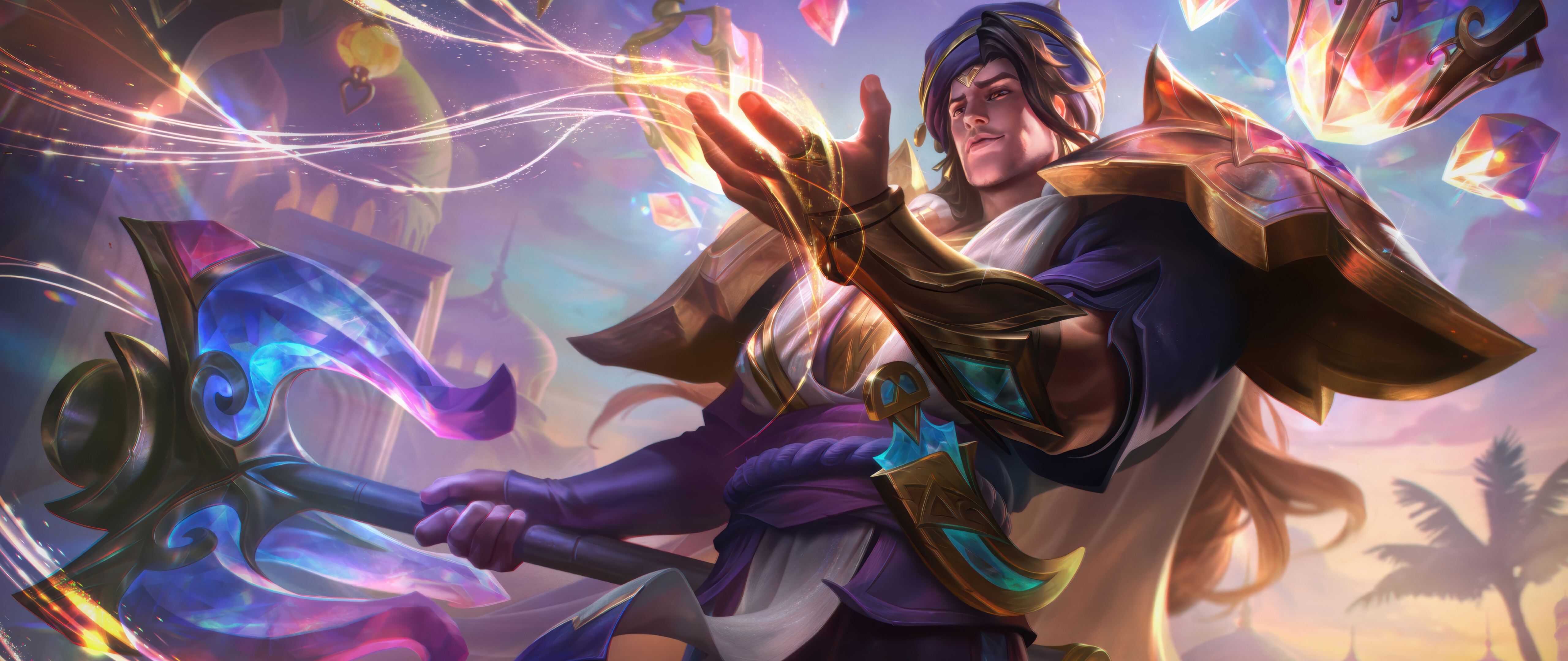 Une illustration cinématographique de Taric, personnage du jeu League of Legends, le représentant comme un puissant magicien entouré d’une aura d’énergie magique.