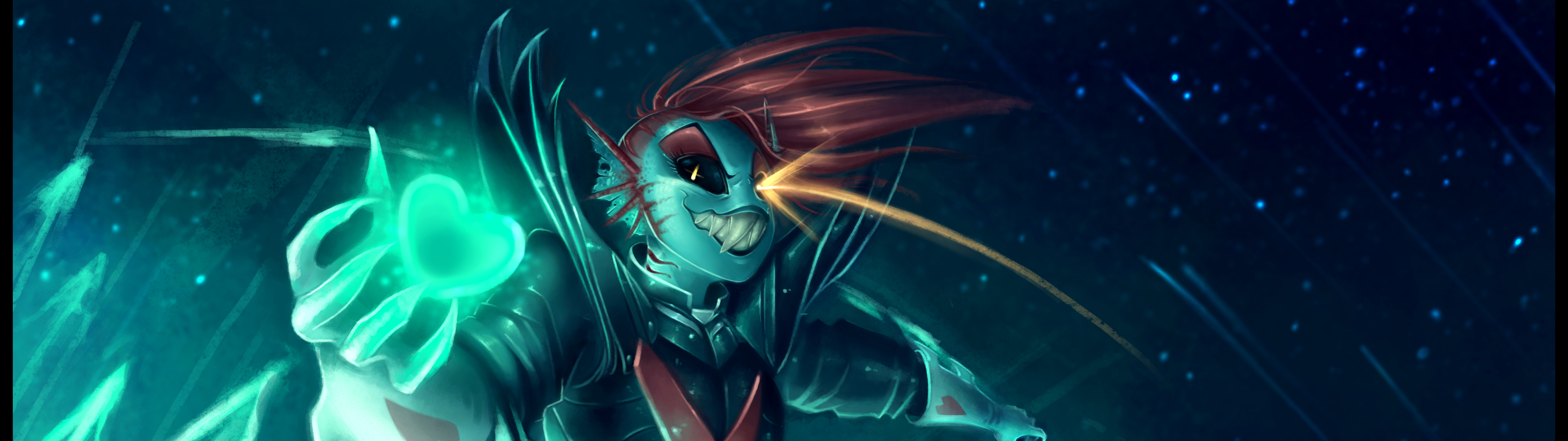 Undyne, l’indestructible, issue du jeu Undertale, porte une armure, a les cheveux rouges et arbore un symbole en forme de cœur rouge.