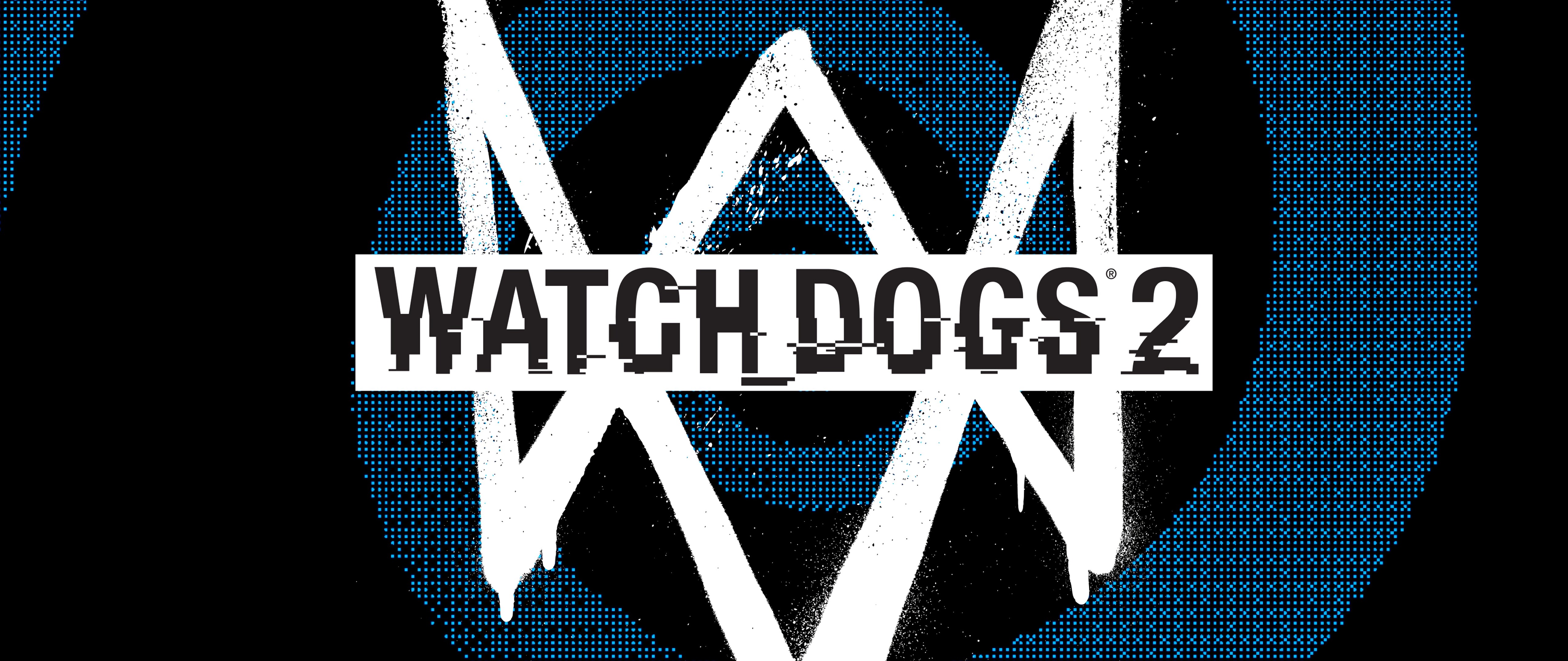 Logo du jeu Watch Dogs 2 et personnage de Marcus Holloway, le tout dans un décor futuriste sur le thème du piratage informatique.