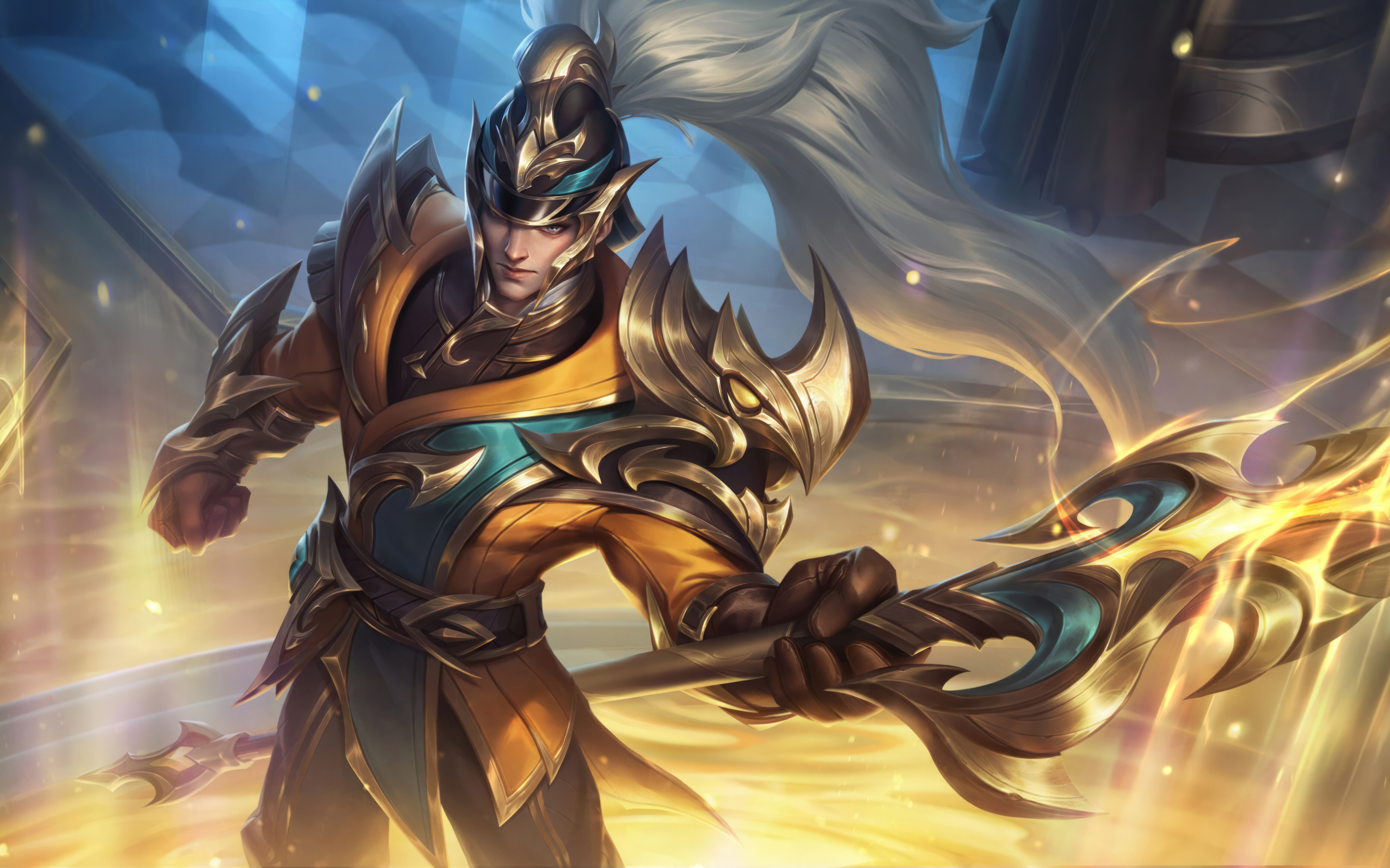 Xin Zhao, personnage du jeu League of Legends, pose avec sa lance, son arme emblématique.