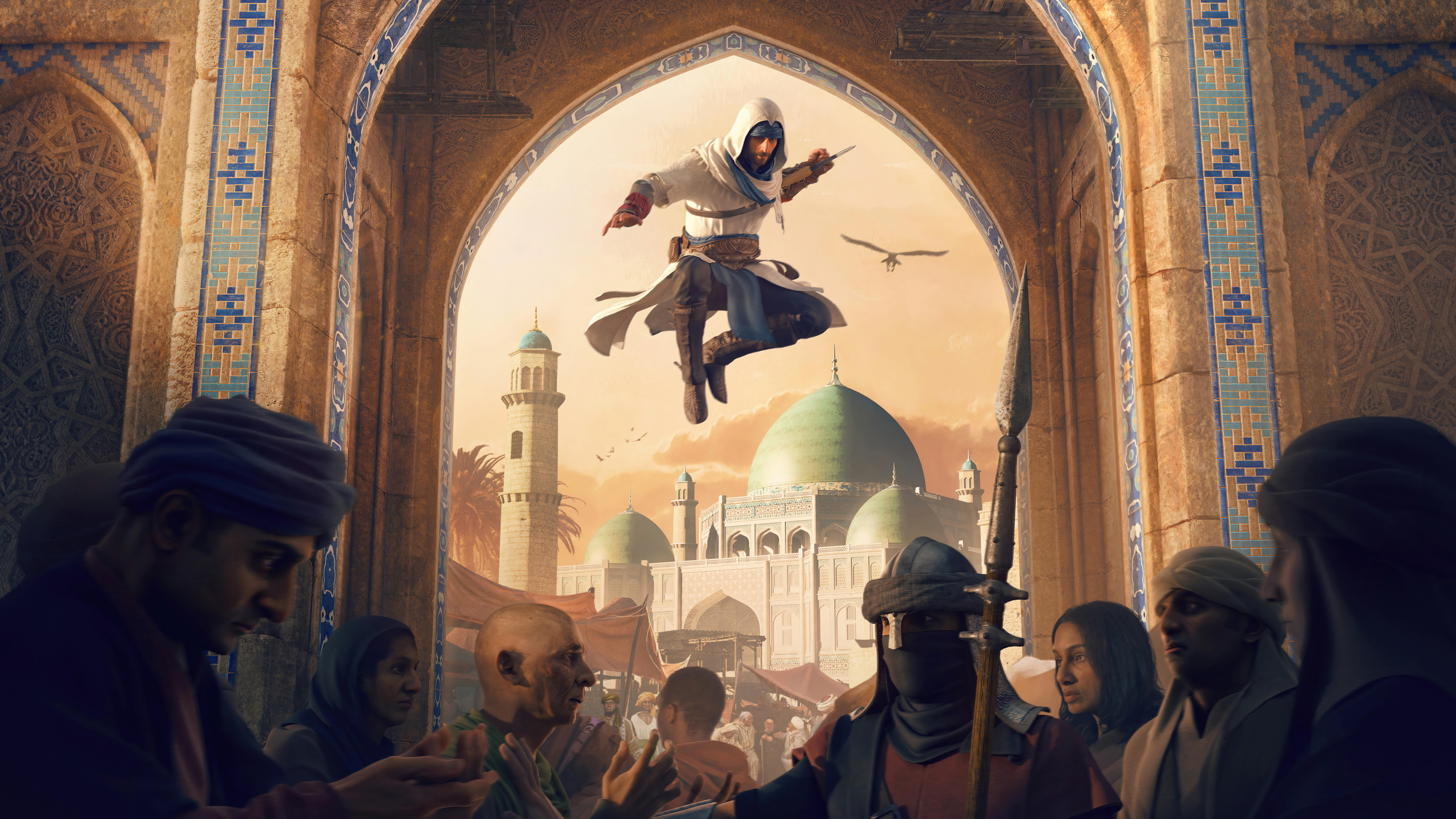 Basim Ibn Ishaq, personnage du jeu Assassin's Creed Mirage, portant ses habits d’assassin à capuche caractéristiques.