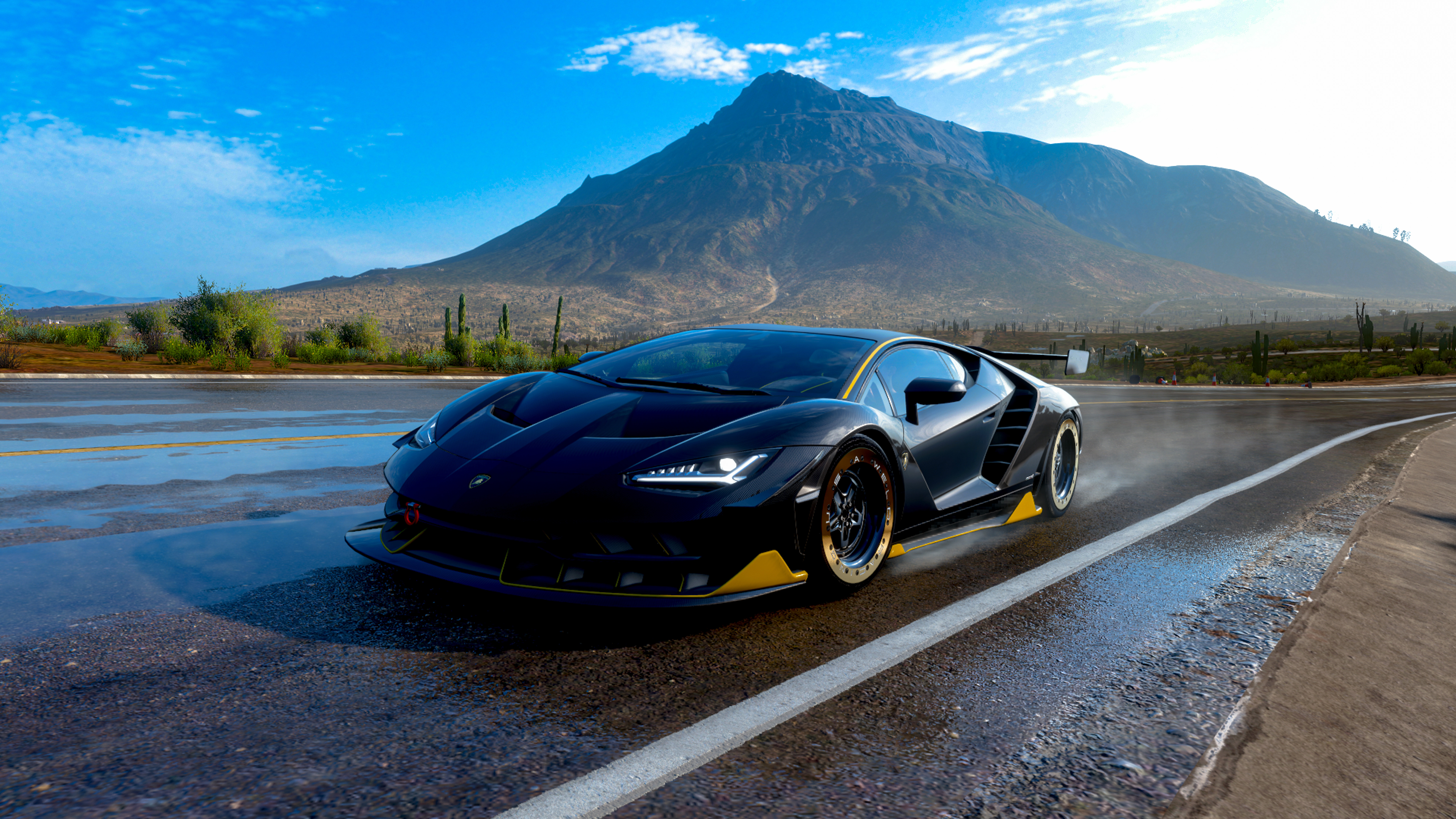 Une Lamborghini Centenario, supercar haute performance, filmée en plein jeu dans Forza Horizon 5.