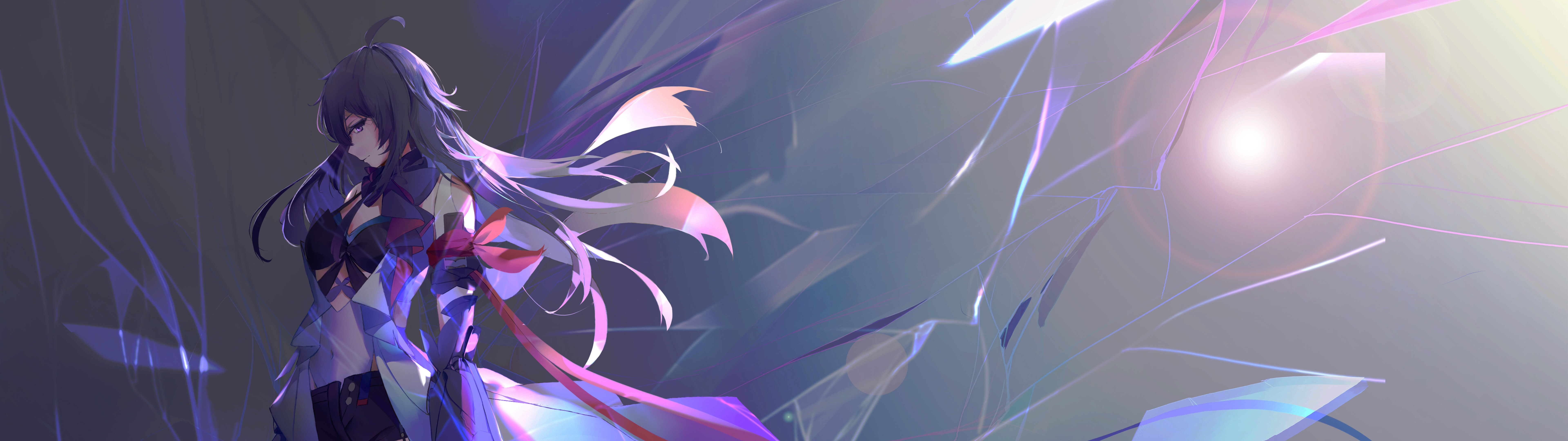 Un portrait cinématographique de Seele Vollerei, tiré du jeu Honkai: Star Rail, mettant en valeur sa chevelure violette emblématique et un éclairage sombre et atmosphérique.