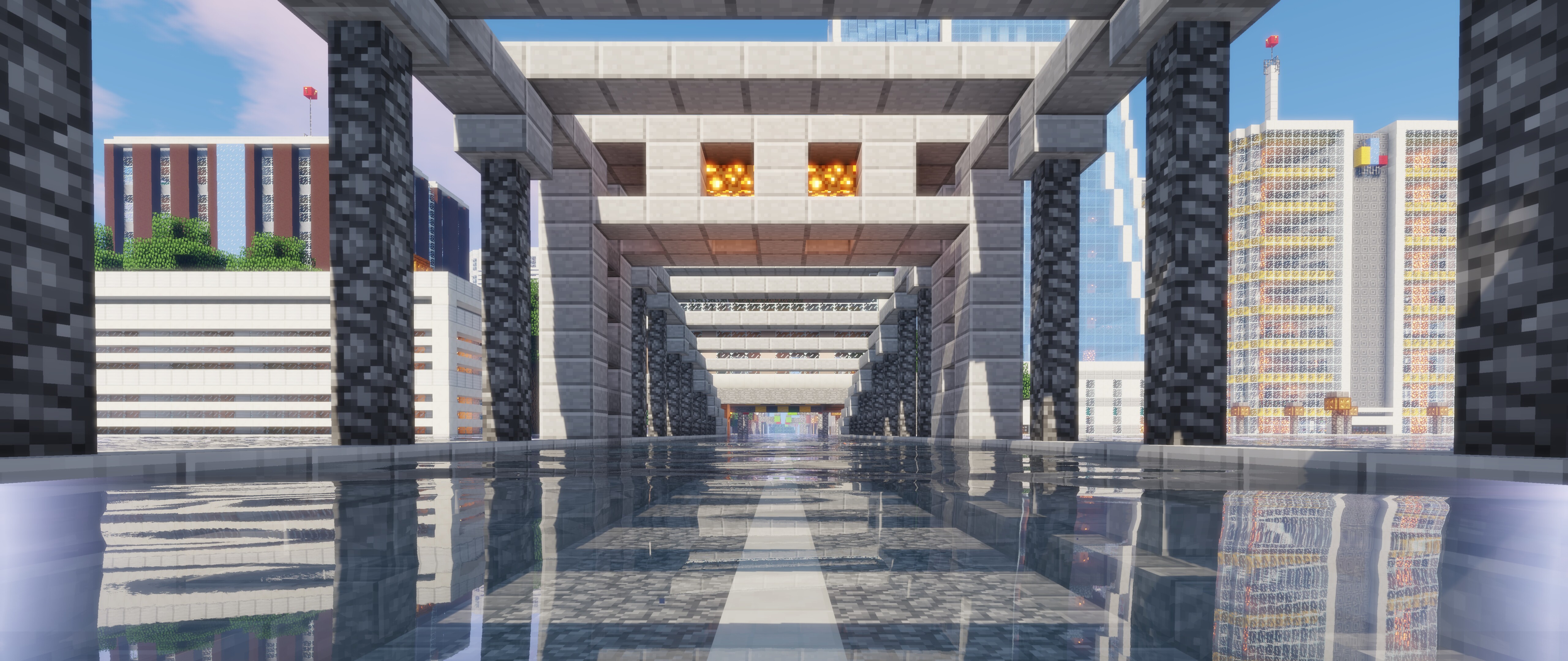 Le personnage Steve, tiré du jeu Minecraft, se tient dans un magnifique paysage composé de blocs, avec des montagnes en arrière-plan.