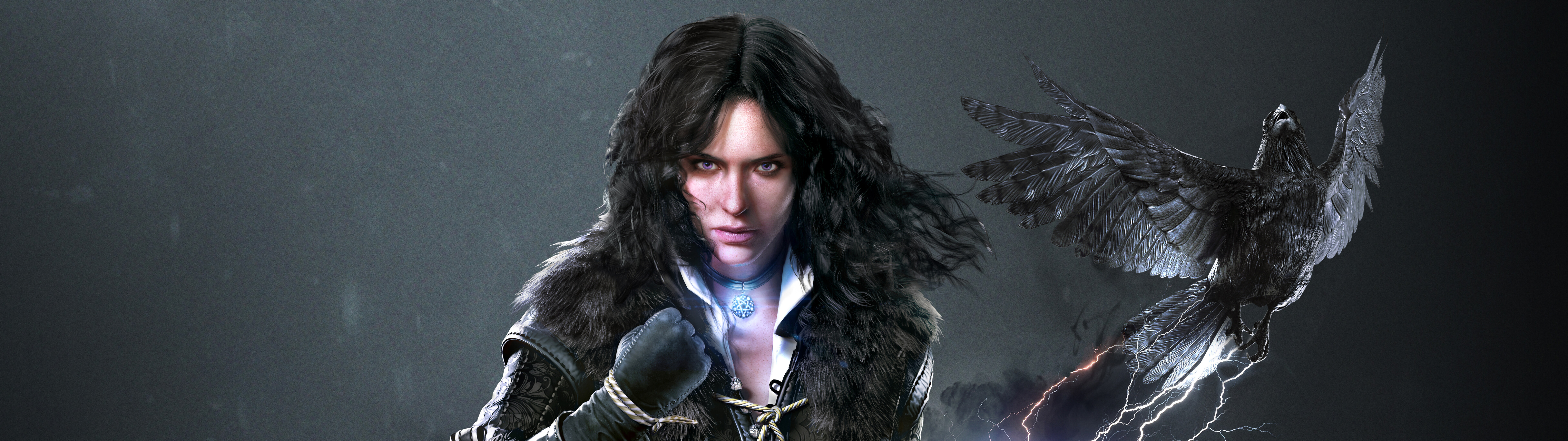 Un portrait détaillé de la sorcière Yennefer de Vengerberg, tiré du jeu The Witcher 3: Wild Hunt.