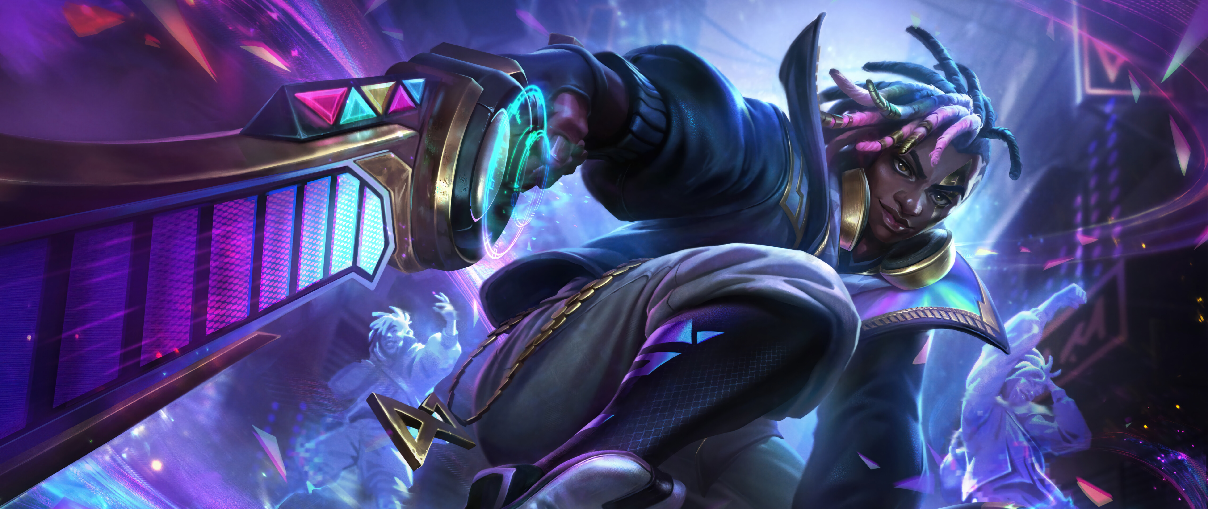 Une illustration numérique très détaillée d’Ekko, personnage du jeu League of Legends, avec des néons et des vêtements de rue futuristes.