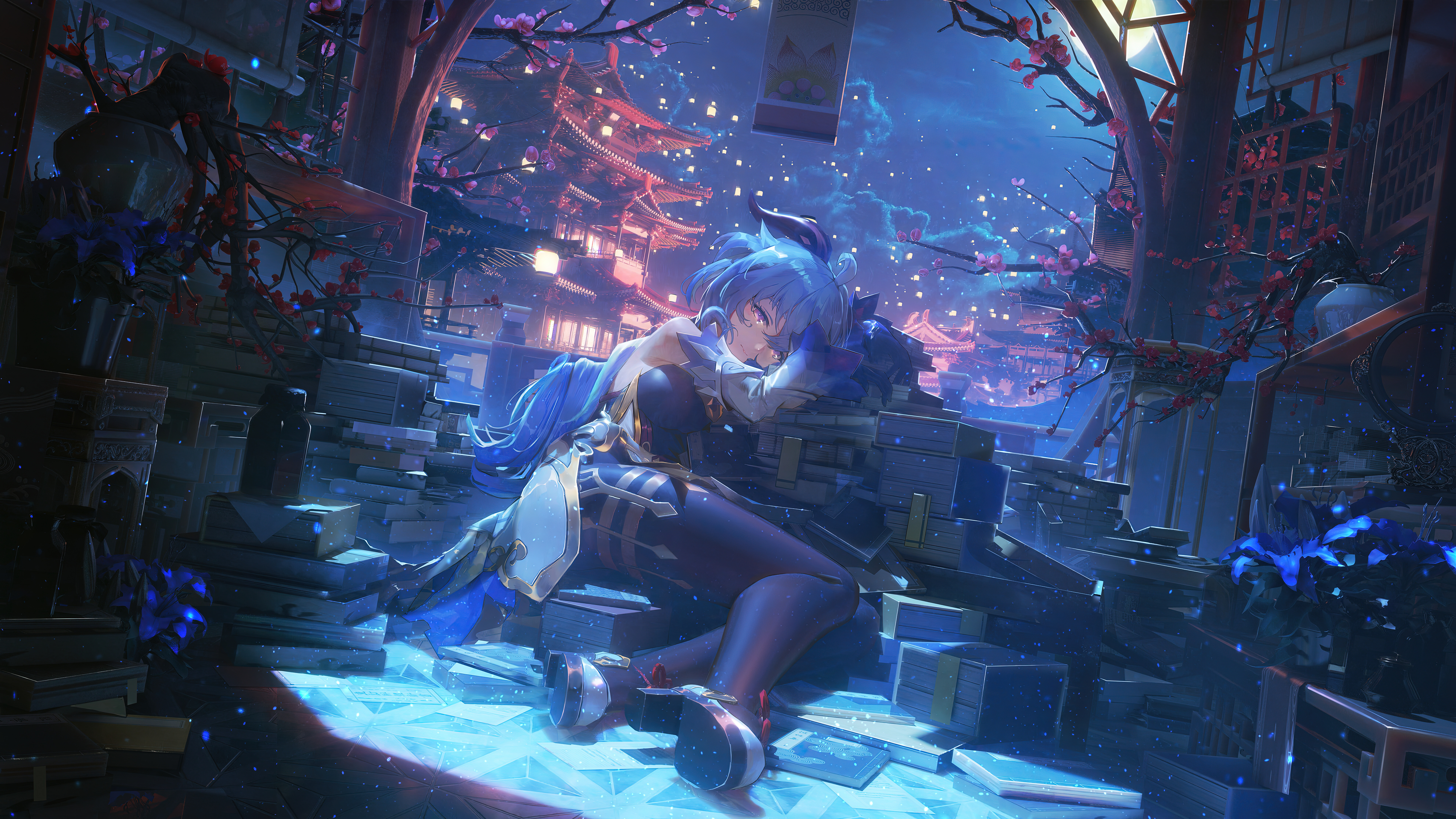 Une représentation très détaillée de Ganyu, personnage du jeu Genshin Impact, mettant en valeur ses cornes caractéristiques et son élégant design.