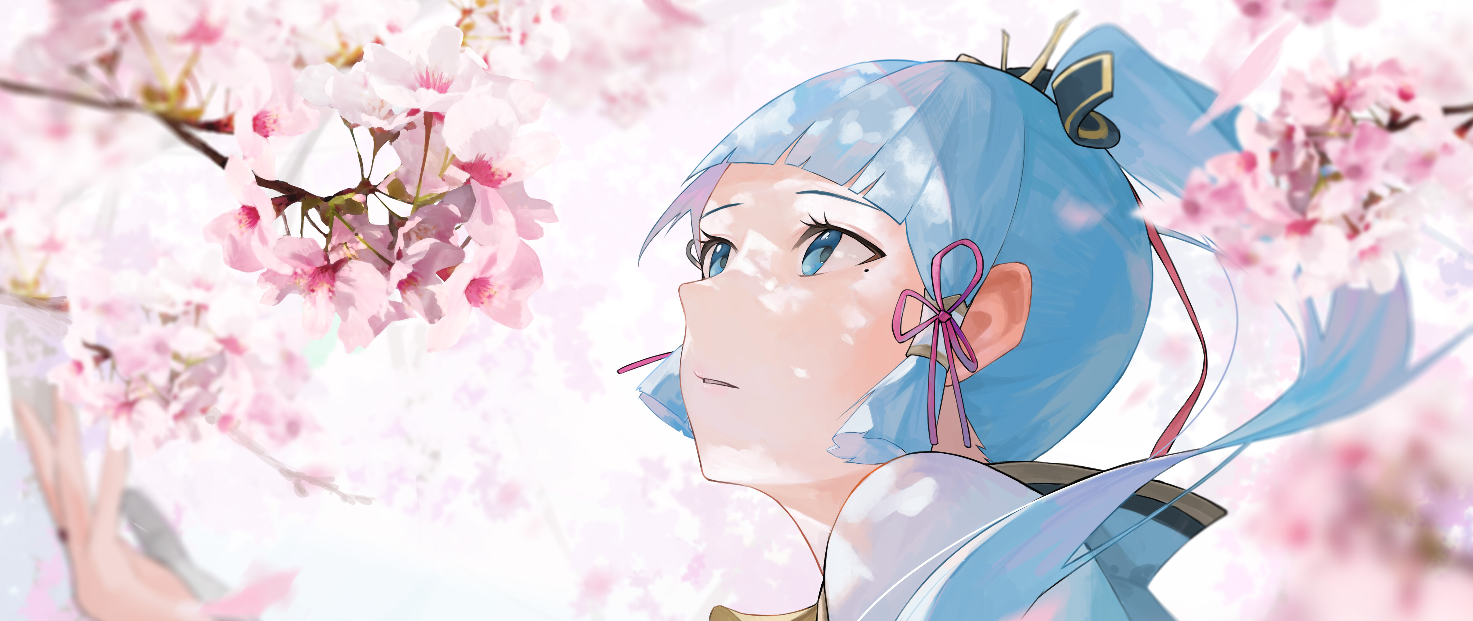 Une description détaillée du personnage Kamisato Ayaka, tiré du jeu Genshin Impact.