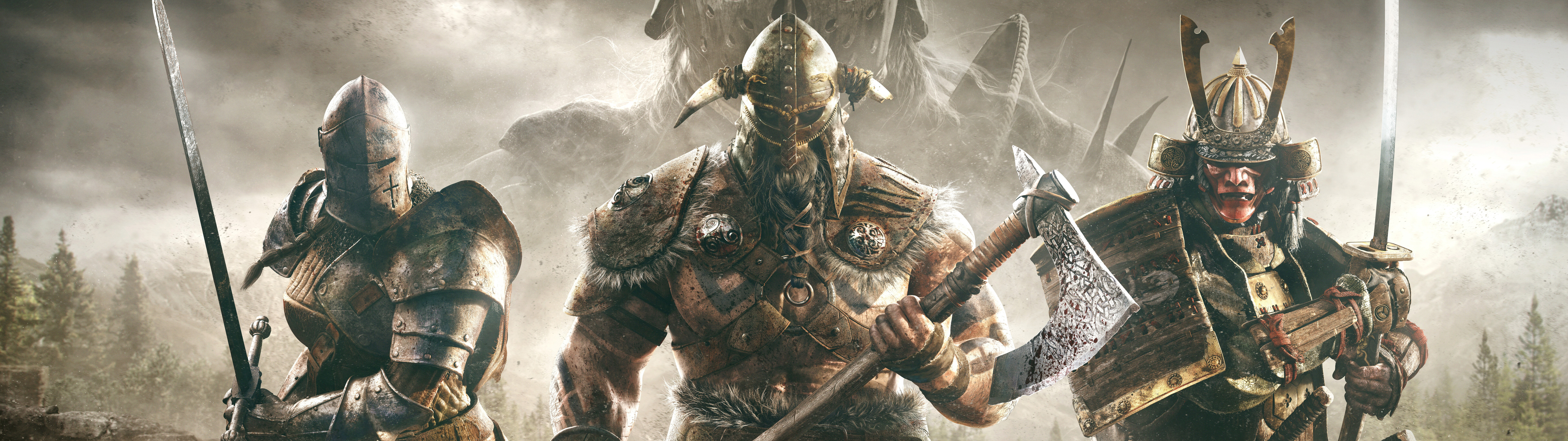 Un chevalier lourdement armé, tiré du jeu vidéo For Honor, se préparait à un combat médiéval sur un champ de bataille.