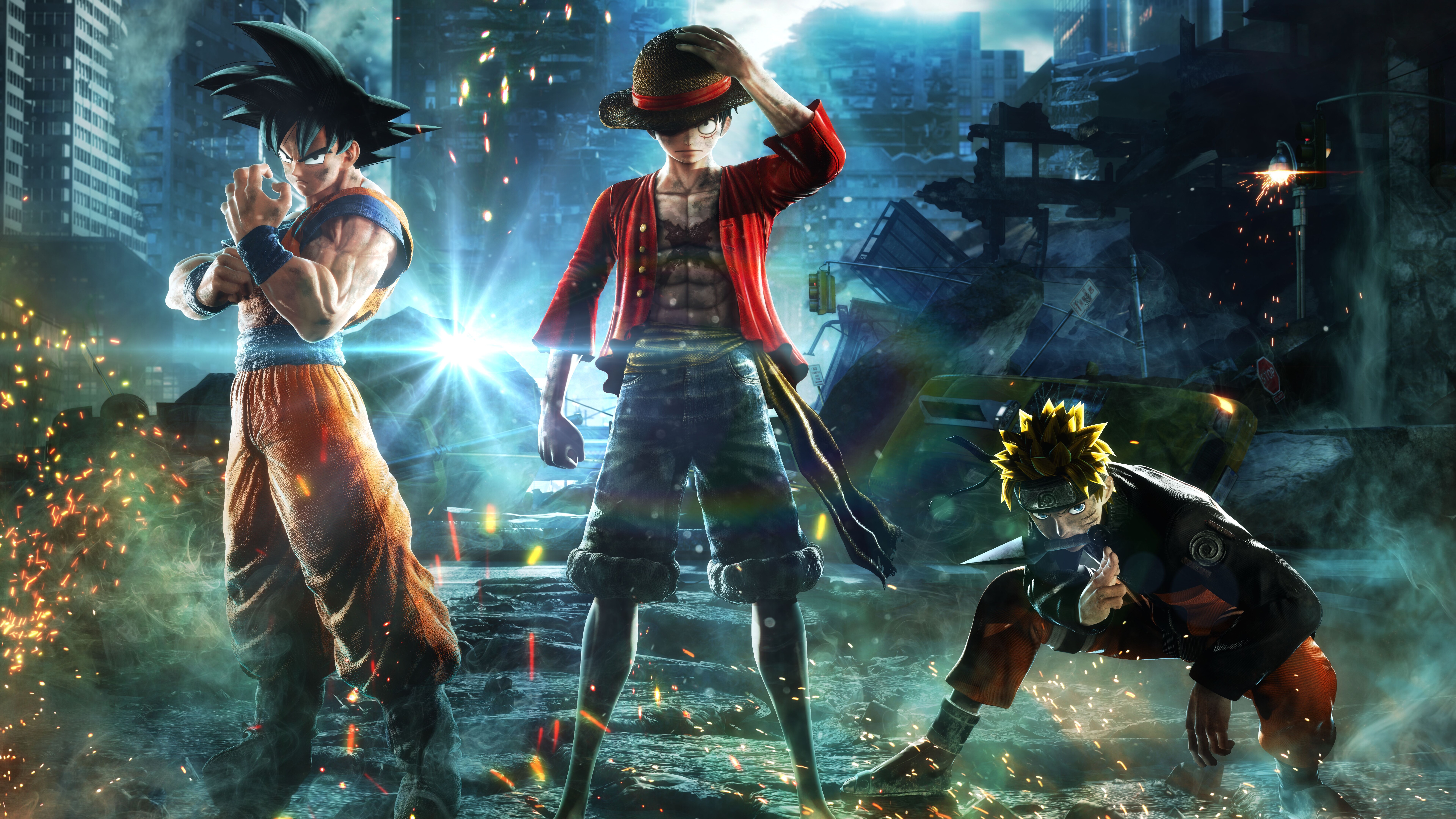 Naruto Uzumaki, Monkey D. Luffy et Goku, ensemble dans une pose de combat spectaculaire, inspirée de Jump Force.