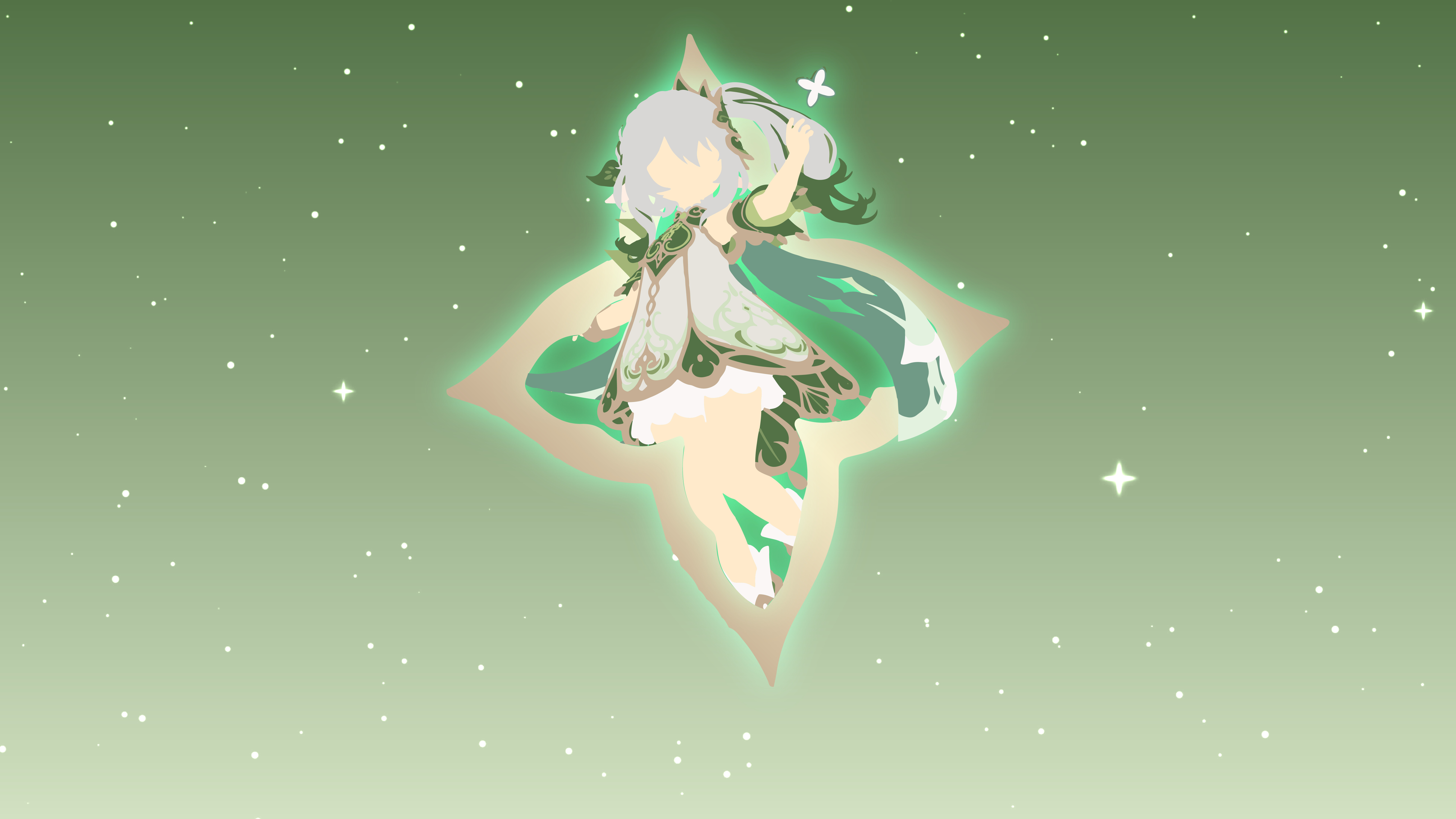 Un portrait magnifique de Nahida, tiré du jeu Genshin Impact, où elle porte sa tenue emblématique verte et blanche et où le thème de l’élément Dendro est mis en valeur.