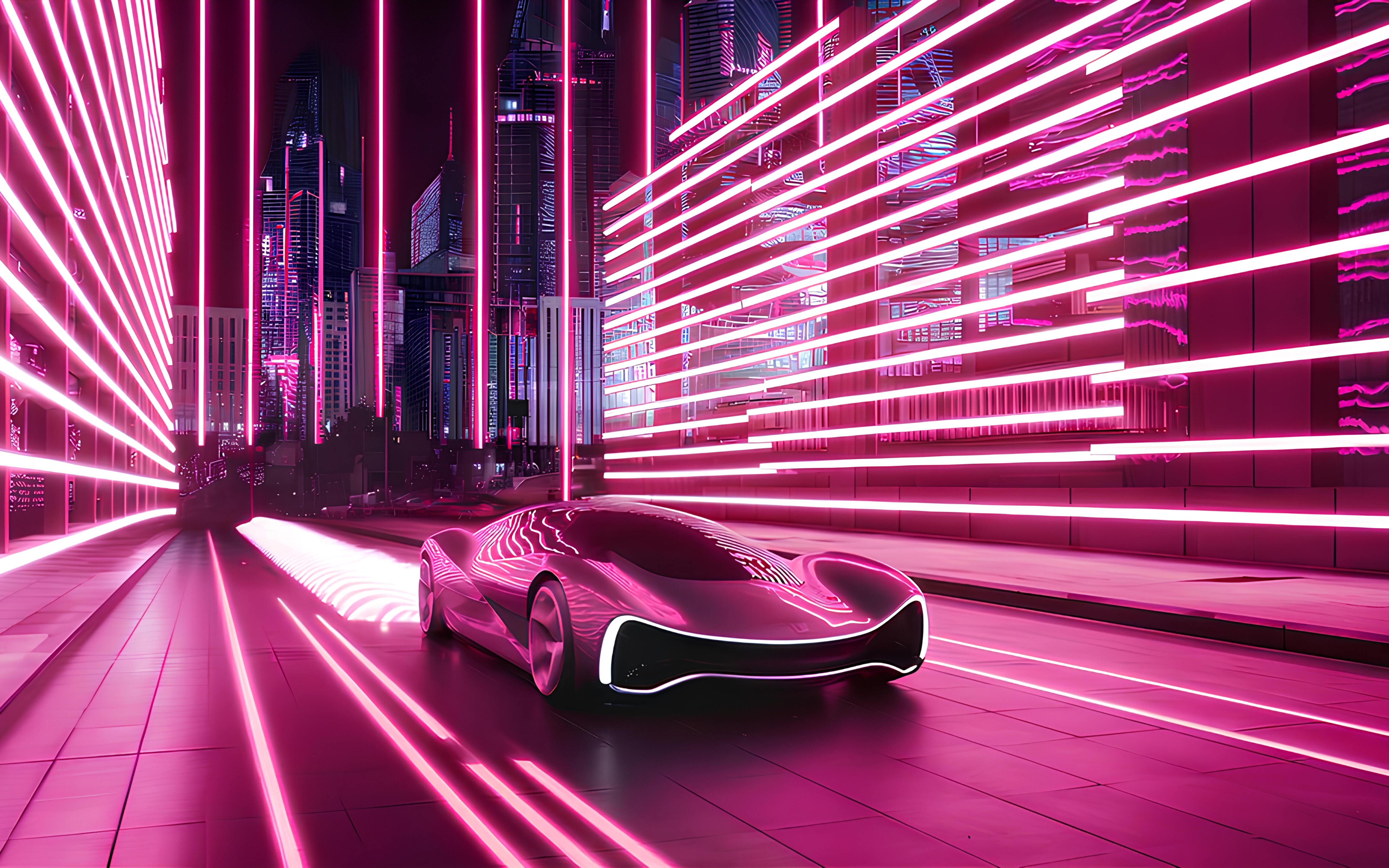 Une voiture futuriste et ultramoderne circule dans une ville illuminée par des néons, au cœur de la nuit.