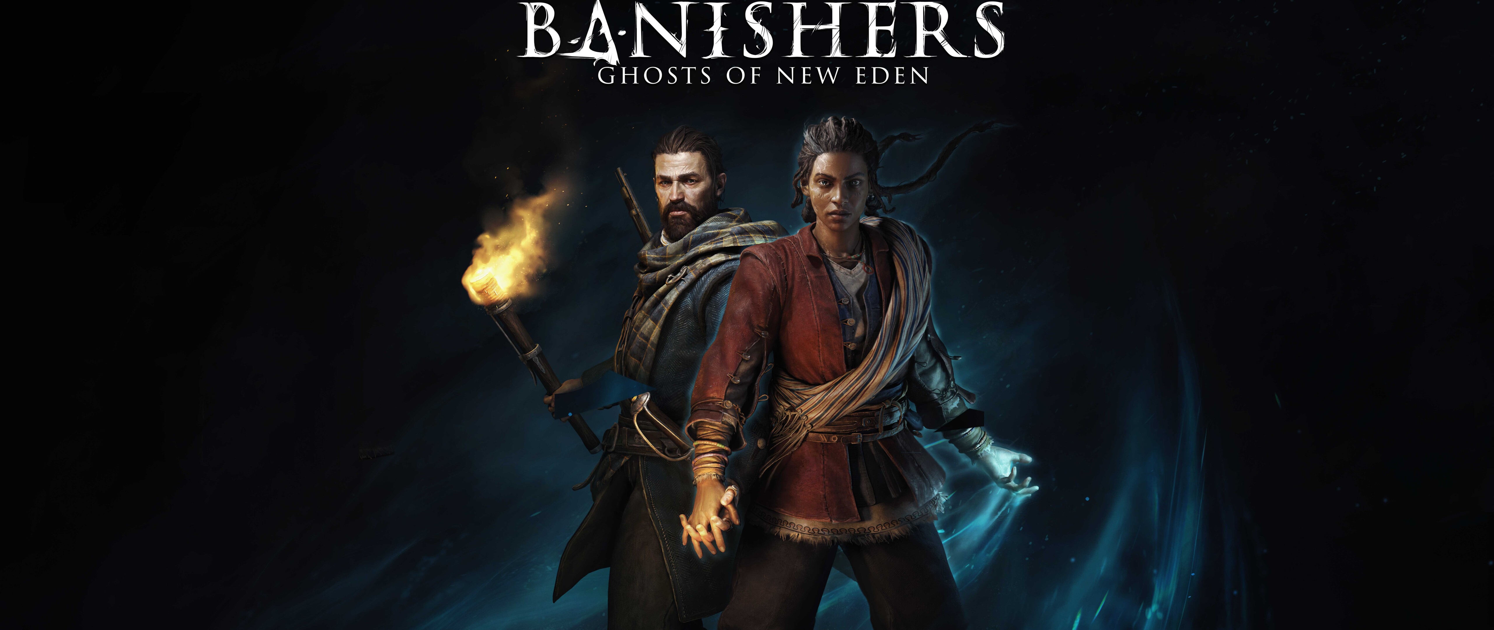 Les personnages Red et Antea, issus du jeu Banishers: Ghosts of New Eden, se tiennent dans un environnement brumeux et empreint de surnaturel.