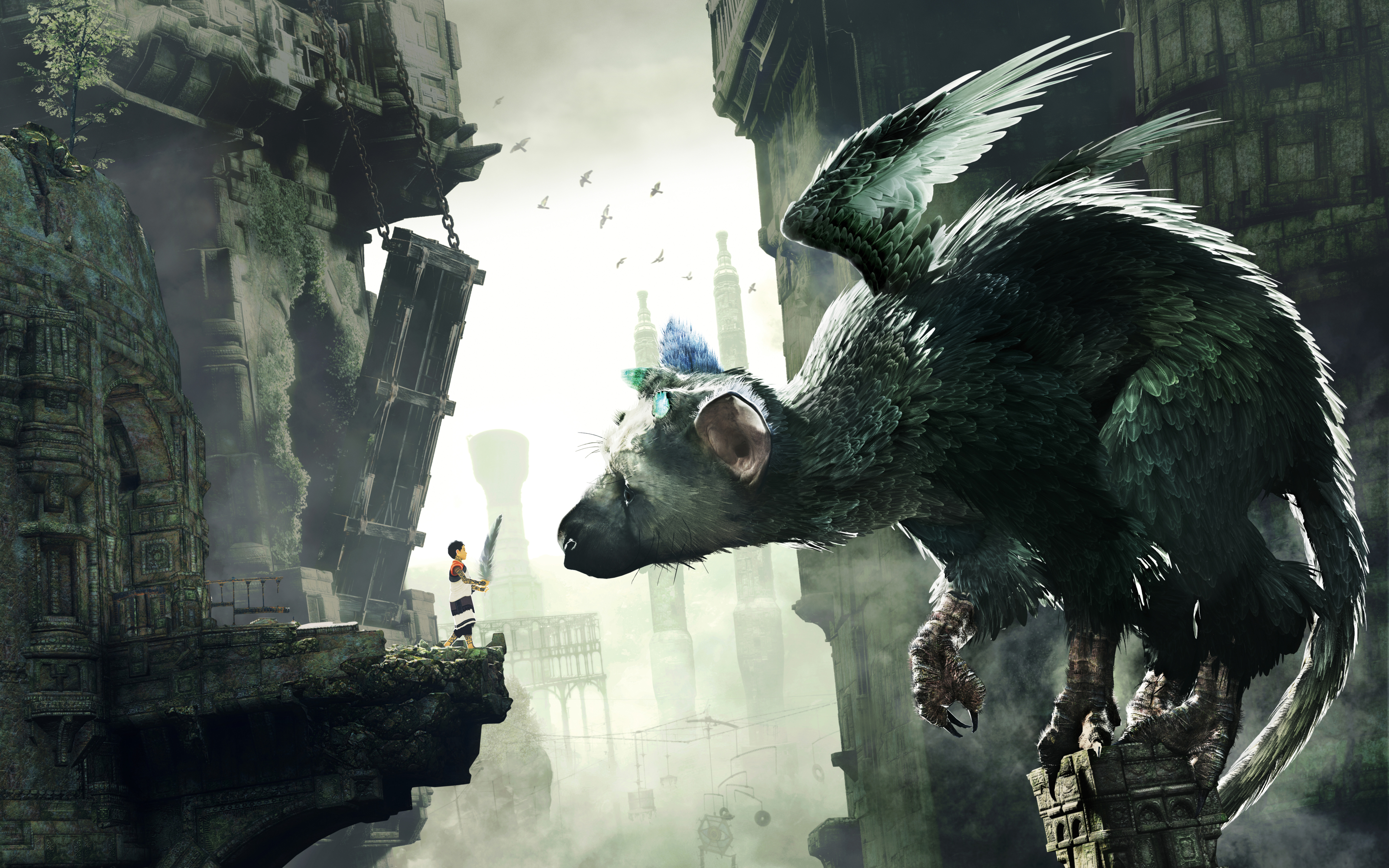 Trico, la créature emblématique du jeu The Last Guardian, se tient au milieu d’une architecture ancienne en pierre.
