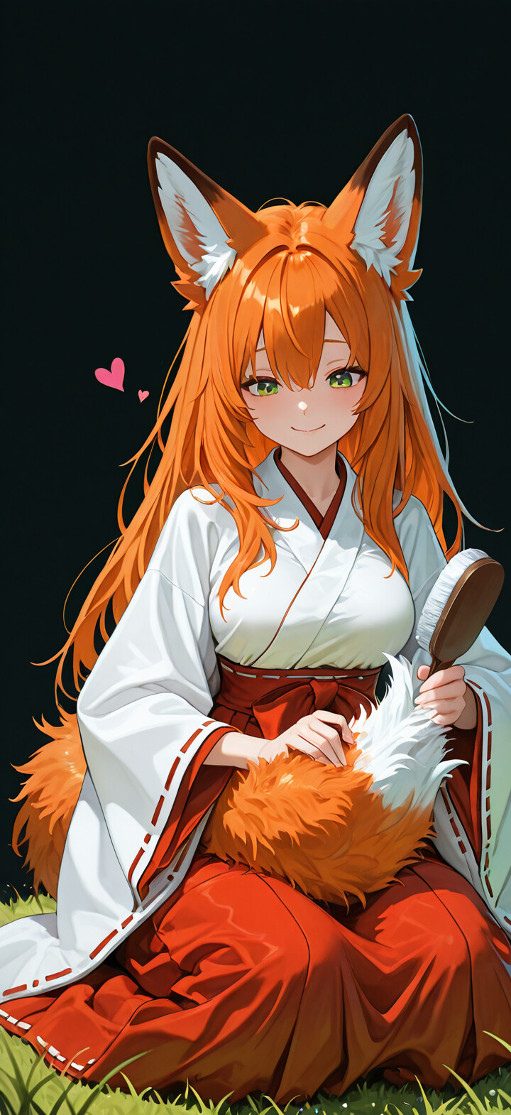 Une jeune fille renarde de style manga, avec de longs cheveux orange et des yeux verts, vêtue d’un costume de miko, est assise dans l’herbe, souriante, et serre contre elle sa grande et touffue queue orange et blanche. Elle tient une brosse pour la brosser.