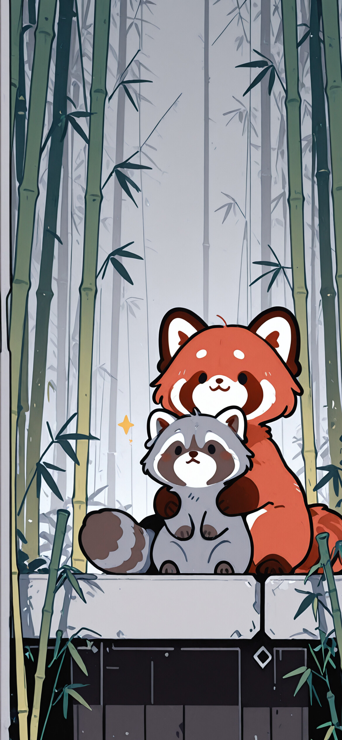 Un adorable panda roux, représenté sous forme de dessin animé, se tient dans une forêt de bambous et serre dans ses bras un petit raton laveur gris, également représenté sous forme de dessin animé.