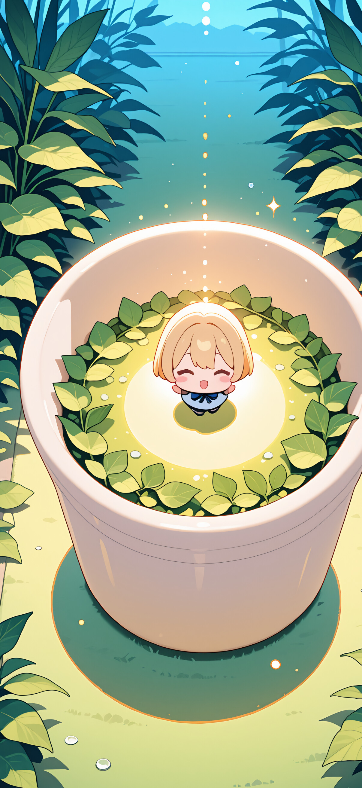 Une adorable jeune fille de style chibi, avec de courts cheveux blonds et une tenue scolaire, se tient à l’intérieur d’un grand bol blanc rempli de feuilles de laitue verte, le tout sur fond d’une forêt baignée de lumière solaire.