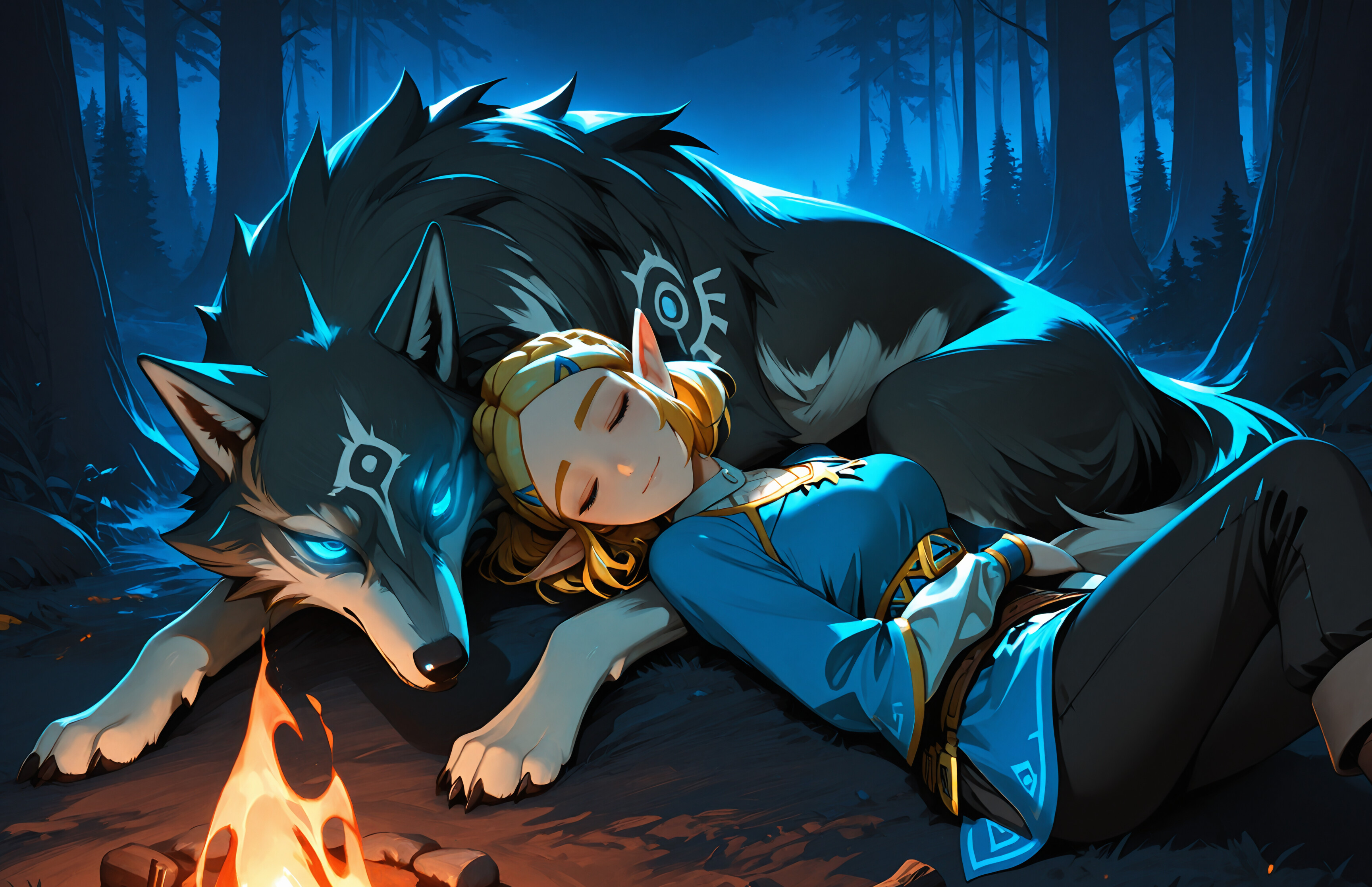La princesse Zelda, vêtue de sa tunique bleue, dort paisiblement, adossée au grand loup Wolf Link, dont le pelage est sombre, près d’un feu de camp dans une forêt, au cœur de la nuit. Wolf Link est éveillé, ses yeux brillent d’un éclat bleu, et il veille sur elle.