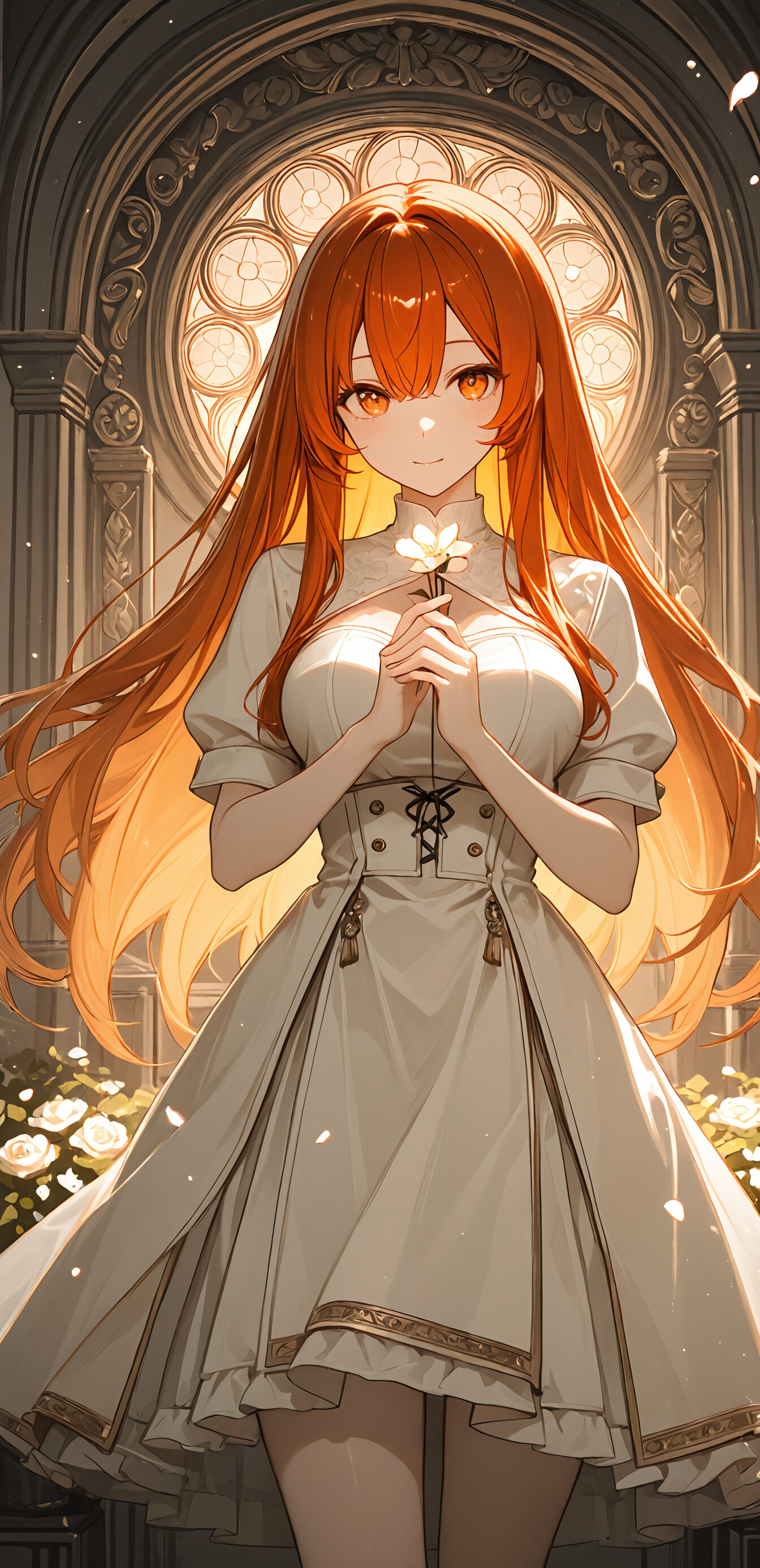 Une illustration de style manga représentant Ritsuka Fujimaru (Gudako) de Fate/Grand Order, une jeune femme aux longs cheveux orange et lumineux et aux yeux ambrés, portant une élégante robe noire dans un jardin sombre rempli de roses dorées.