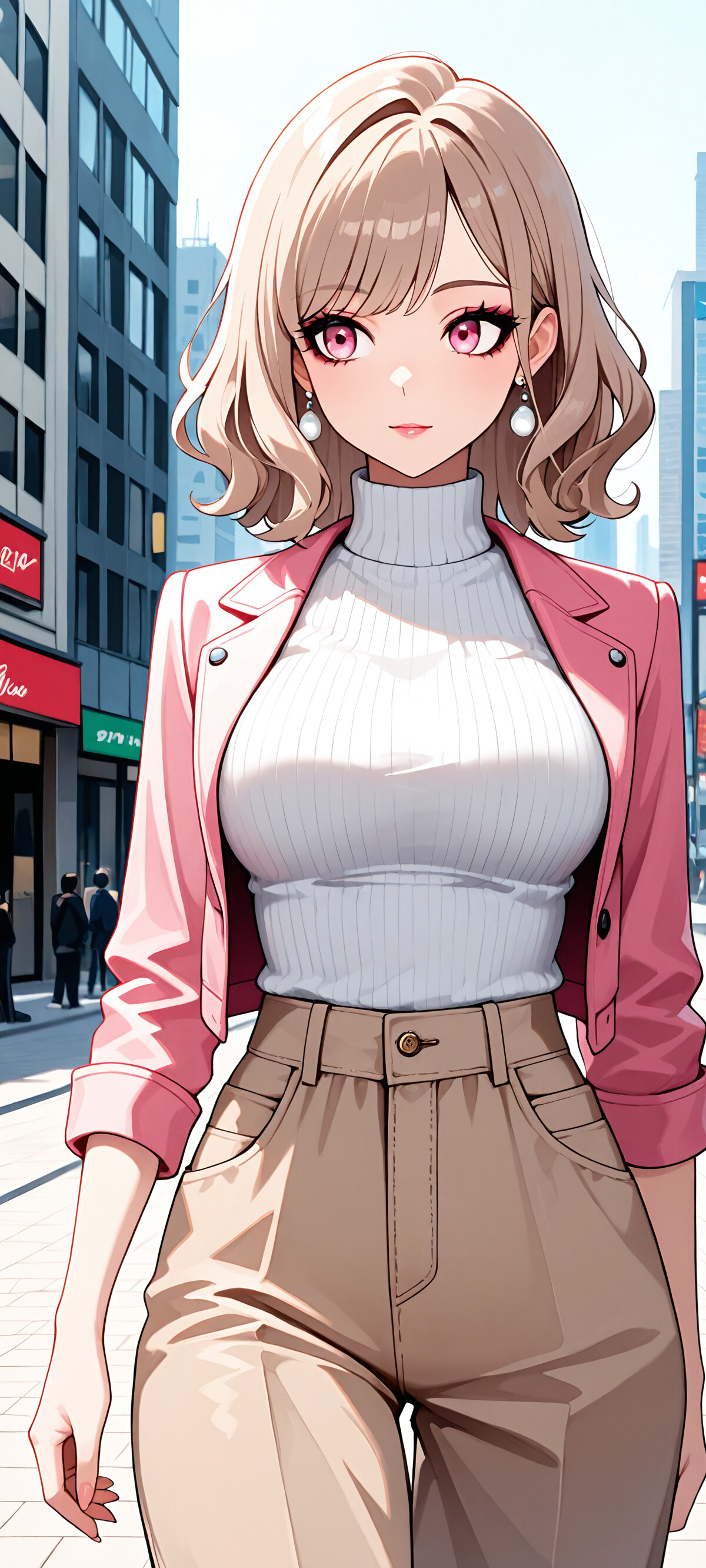 Une illustration de style manga représentant une jeune femme à la mode, avec des cheveux blonds et ondulés, des yeux roses, qui marche dans une rue de la ville. Elle porte une veste rose, un pull à col roulé blanc et un pantalon beige.