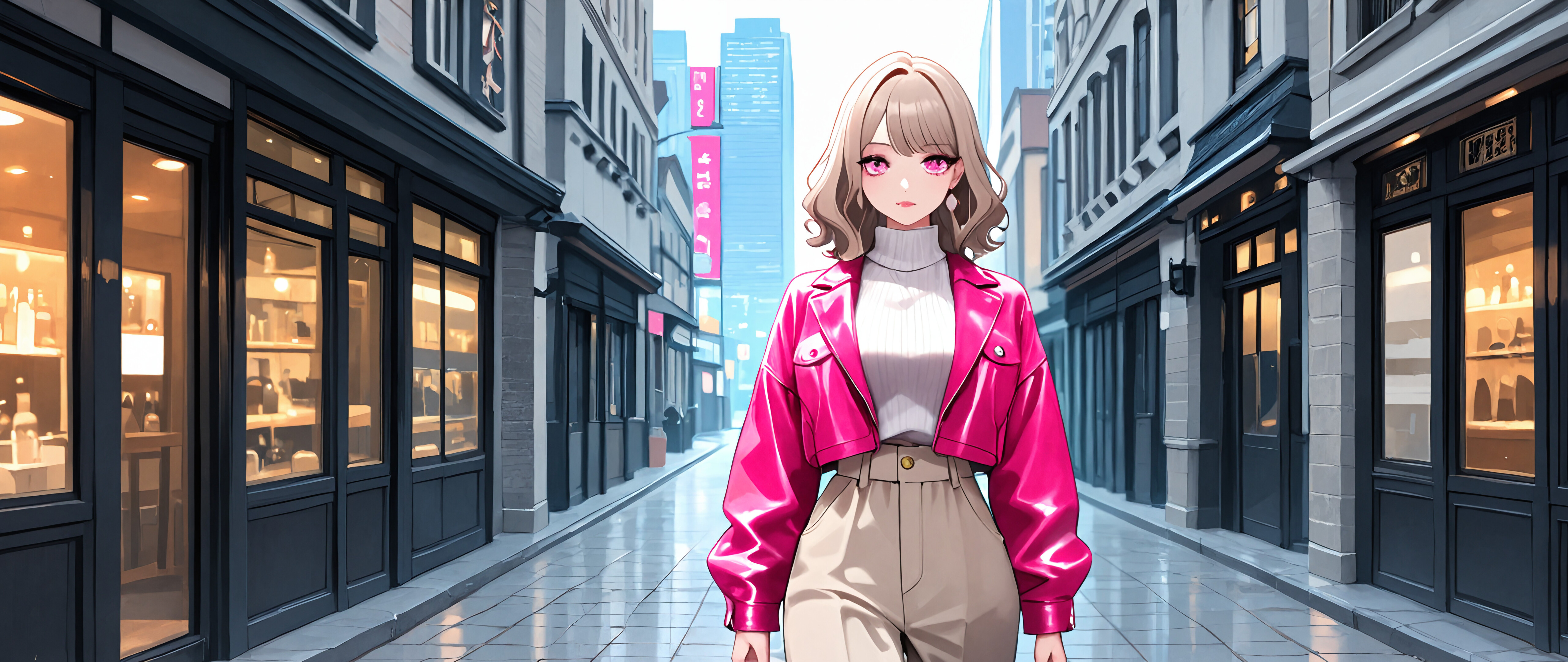 Une illustration de style manga représentant une jeune femme à la mode, avec des cheveux blonds et ondulés, des yeux roses, qui marche dans une rue de la ville. Elle porte une veste rose, un pull à col roulé blanc et un pantalon beige.
