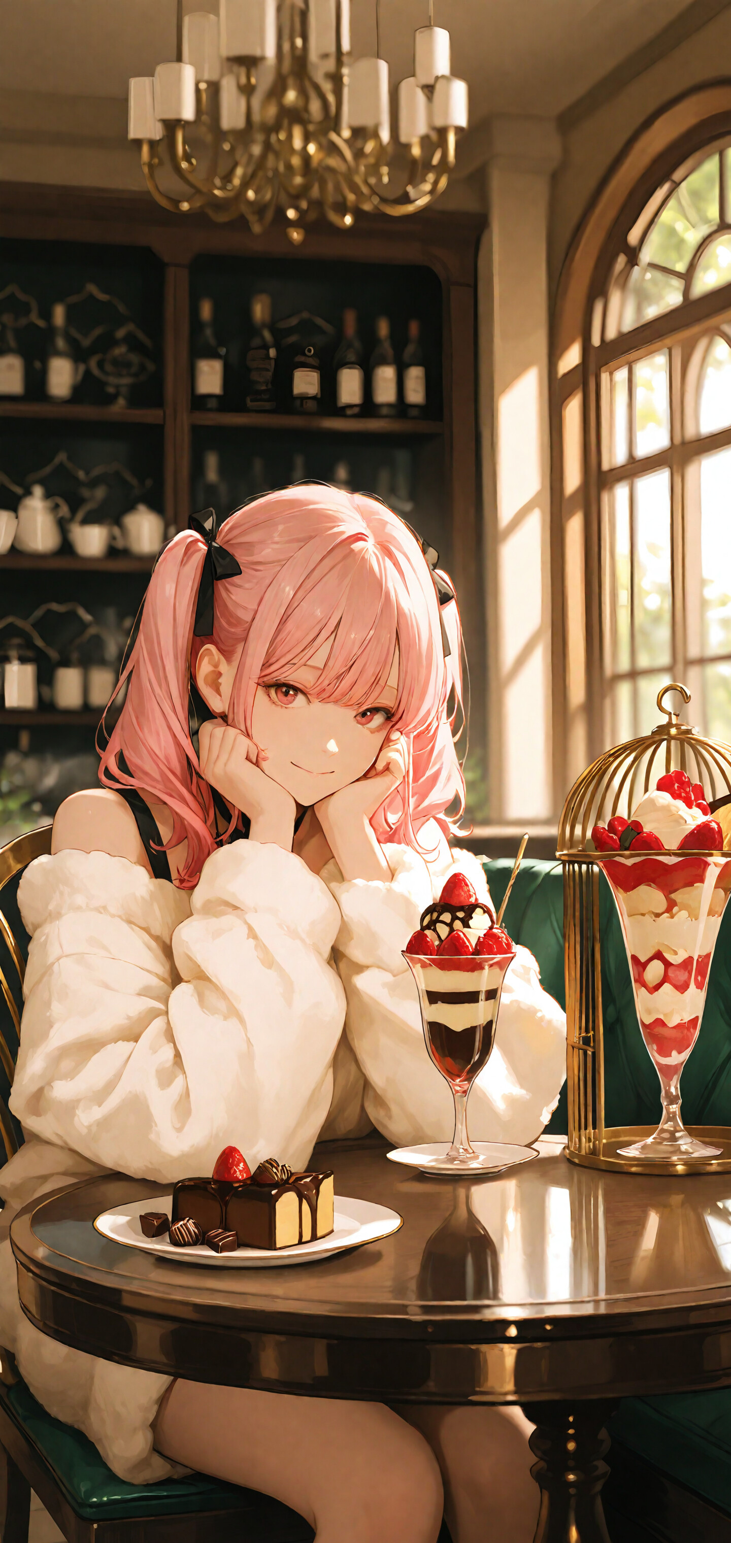 Une jeune fille d’anime aux cheveux roses, coiffée de deux couettes, est assise à une table de café sur laquelle sont disposés de nombreux desserts. Elle porte un pull blanc et moelleux et sourit, le menton posé sur ses mains. Sur la table, on peut voir un parfait aux fraises, une part de gâteau, une tasse de thé et un présentoir à desserts.