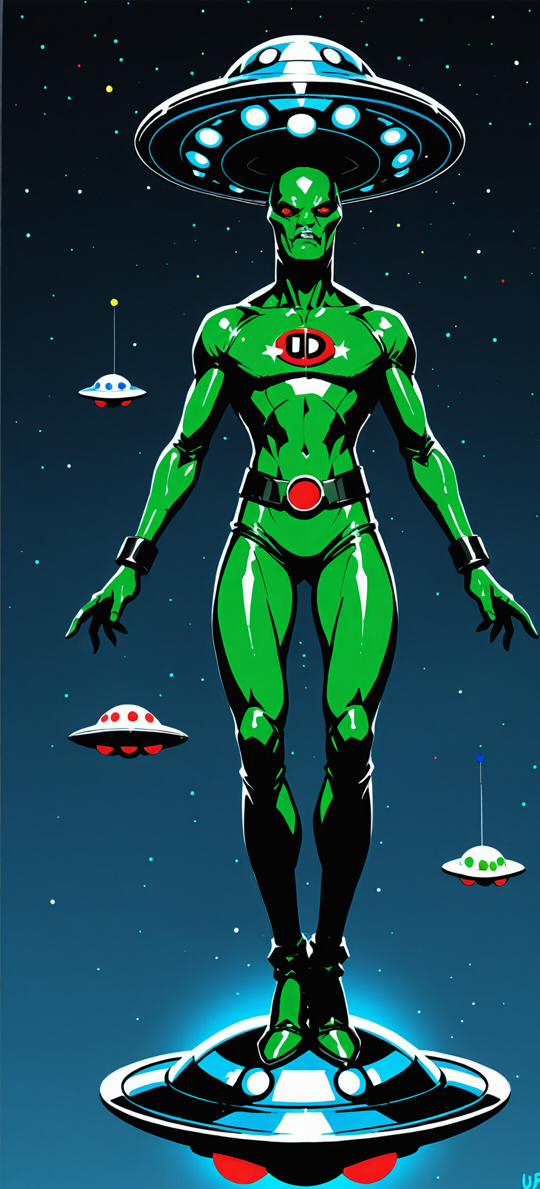 Illustration complète d’un extraterrestre à la peau verte et au corps musclé, vêtu d’un élégant costume noir orné d’un logo rouge « DD », debout sur un OVNI, avec deux autres OVNI plus petits en arrière-plan.