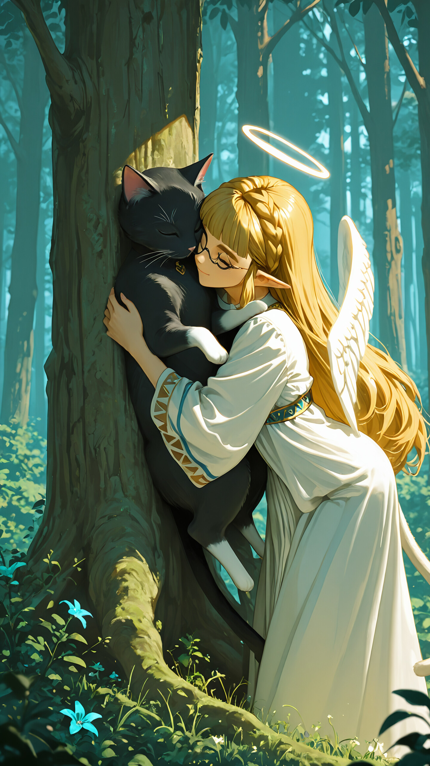 Une illustration de la princesse Zelda dans un style manga, avec de longs cheveux blonds, des oreilles pointues, une auréole et une aile d’ange. Elle est assise dans une forêt et enlace tendrement un chat noir.
