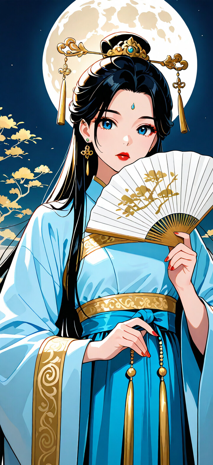 Une illustration de style manga représentant une jeune femme magnifique, aux longs cheveux noirs et aux yeux bleus, portant un hanfu chinois traditionnel bleu et doré. Elle tient un éventail doré et se tient devant un décor circulaire représentant un ciel nocturne étoilé et des nuages dorés.