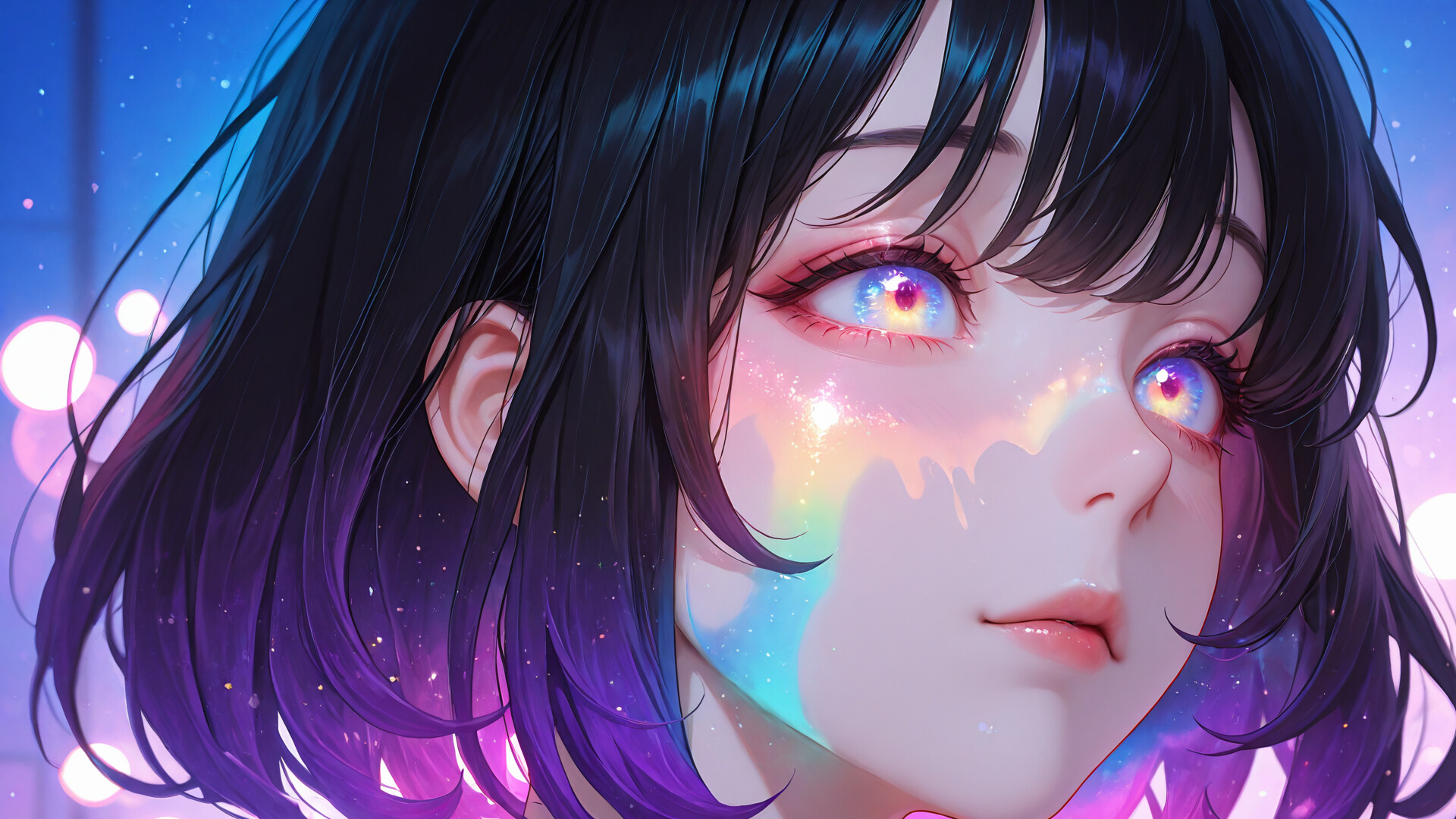Un portrait artistique en gros plan d’une femme au style manga, avec de courts cheveux noirs et des mèches violettes, qui lève les yeux. Une lumière vive aux couleurs de l’arc-en-ciel se reflète dans ses yeux et illumine sa joue, le tout sur un fond bleu étoilé.