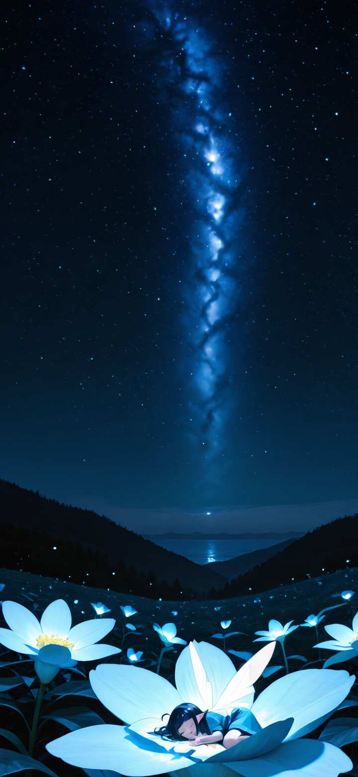 Une petite fille aux cheveux noirs dort profondément au centre d’une immense fleur bleue lumineuse, sous un ciel nocturne étoilé et éclatant, tandis qu’une bande de la Voie lactée semble descendre vers elle.