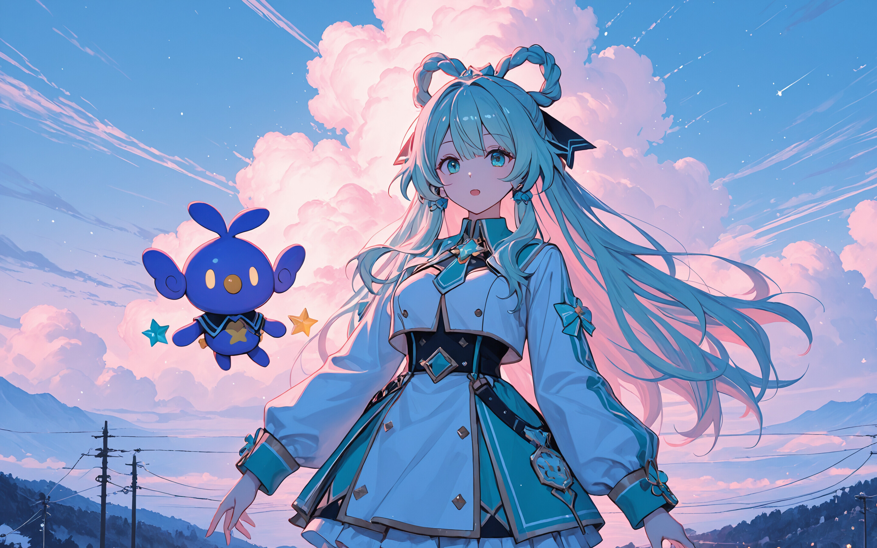 Une jeune fille d’anime, aux longs cheveux bleu clair coiffés en deux chignons, se tient devant une étoile géante et lumineuse, ainsi que devant des motifs cosmiques. Elle porte une tenue futuriste blanche et turquoise et est accompagnée de deux petits compagnons mignons qui flottent à ses côtés.