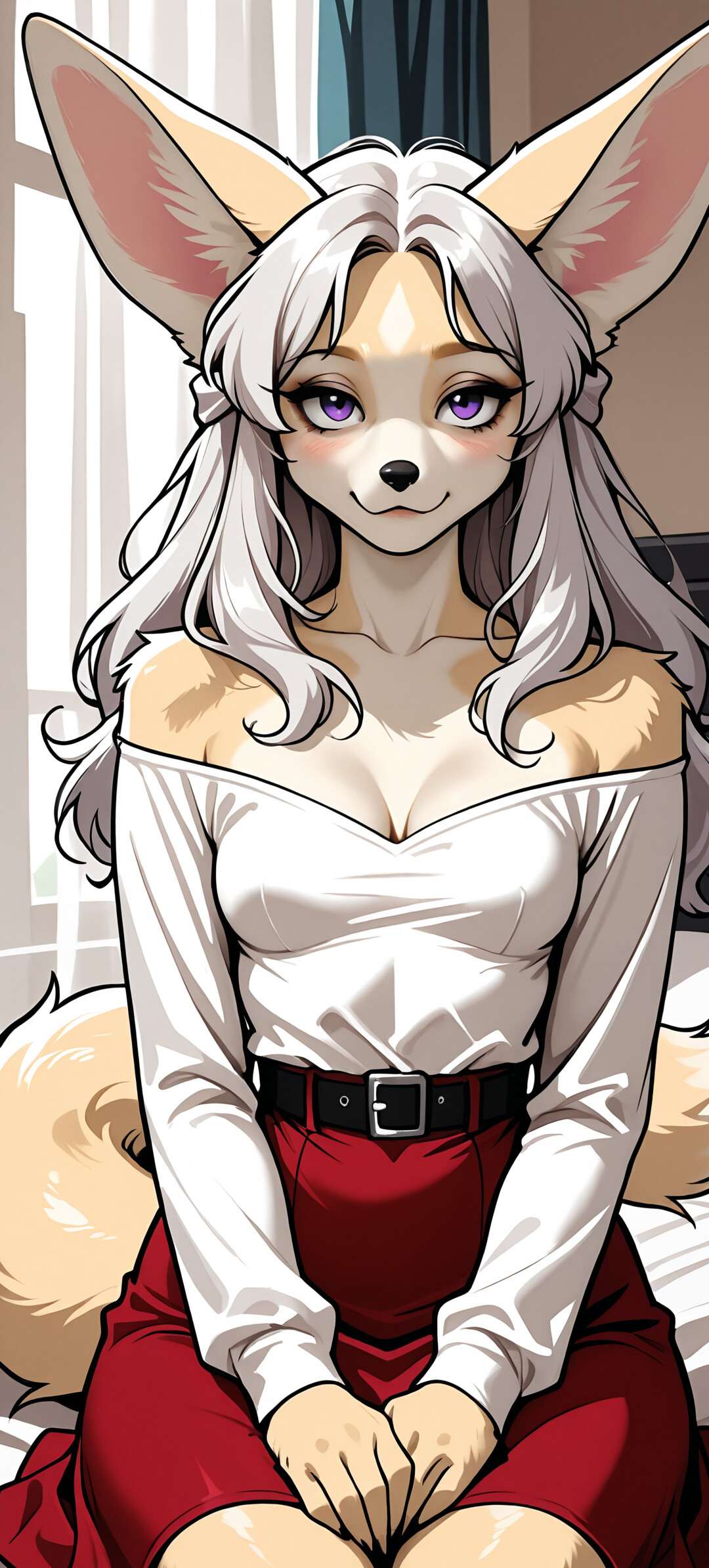 Une illustration de style manga représentant un personnage féminin, un renard fennec, avec de longs cheveux argentés et des yeux violets, portant un haut blanc à décolleté et une jupe rouge.