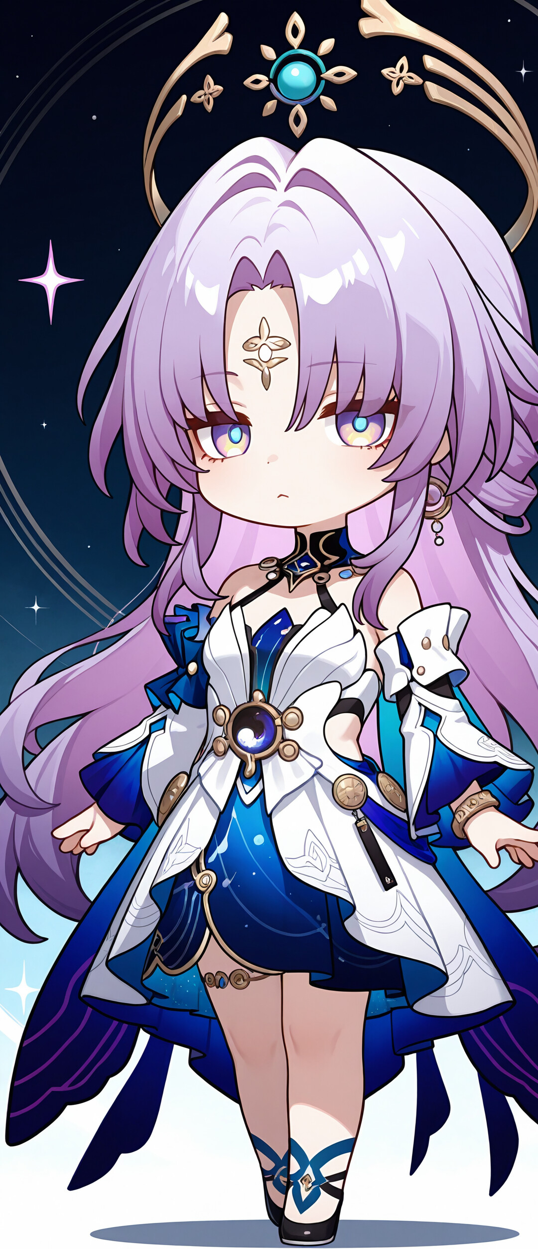 Un adorable dessin de Fu Xuan dans le style chibi, tiré du jeu Honkai : Star Rail. Elle a de longs cheveux roses, une couronne dorée et une robe blanche et bleue aux détails soignés. Elle est représentée debout sur un fond sombre parsemé d’étoiles.
