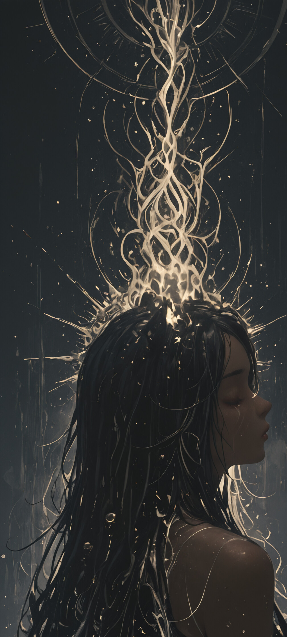 Une peinture numérique représentant une jeune femme sereine, aux longs cheveux noirs et aux oreilles de chat noires, vue de profil. Ses yeux sont fermés, et elle se tient devant un fond sombre et cosmique, avec un grand motif céleste doré et lumineux derrière elle.